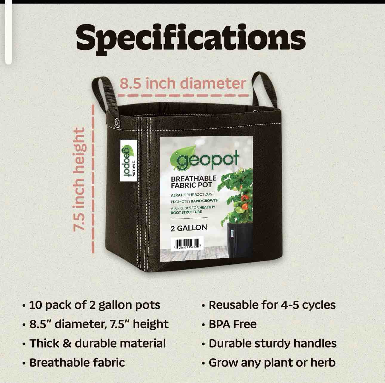 Condition photo showing Brand New for 10 pack geopot 2 gallon fabric grow bags with handles for vegetables, houseplants, herbs & flowers | 10-pack | fabric pots for outdoors and indoors, aerated fabric grow bags