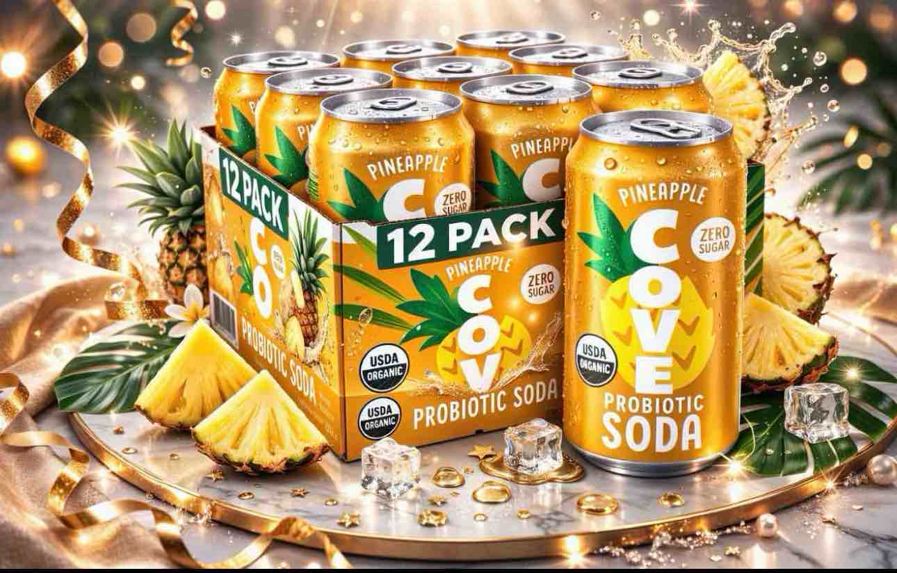 Condition photo showing New/Like New for cove zero sugar probiotic soda, pineapple 12-oz 12pack 