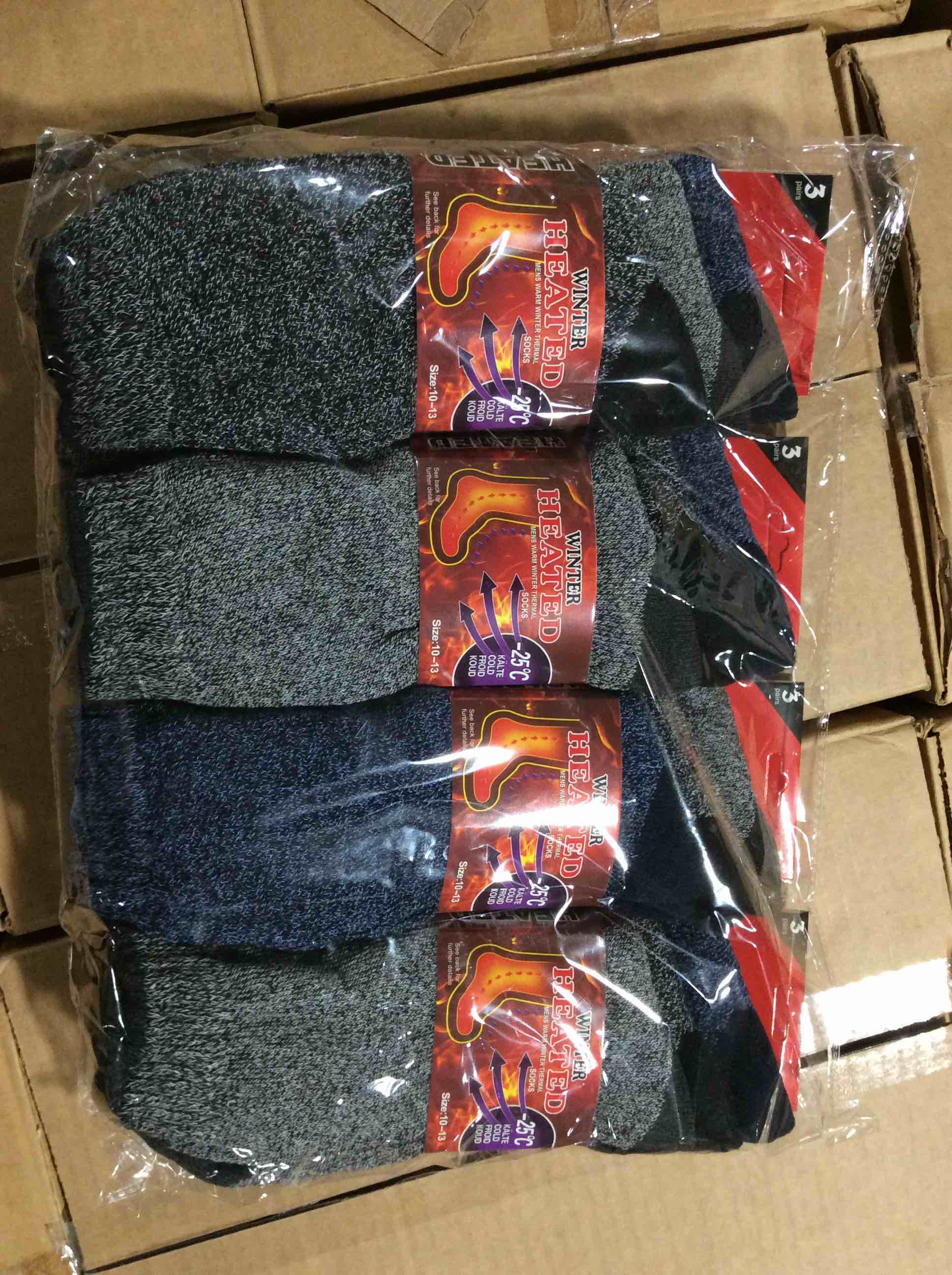 Condition photo showing Brand New for 12 pairs of men’s winter heated socks size 10 to 13
