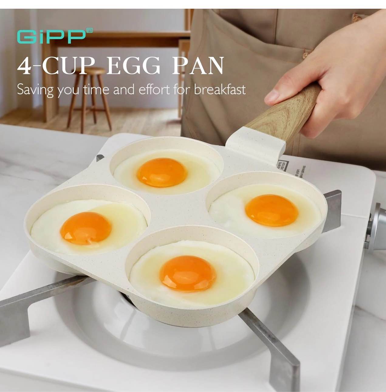 Condition photo showing Brand New for 4 cup egg pan with wooden handle, non stick aluminum alloy frying pan