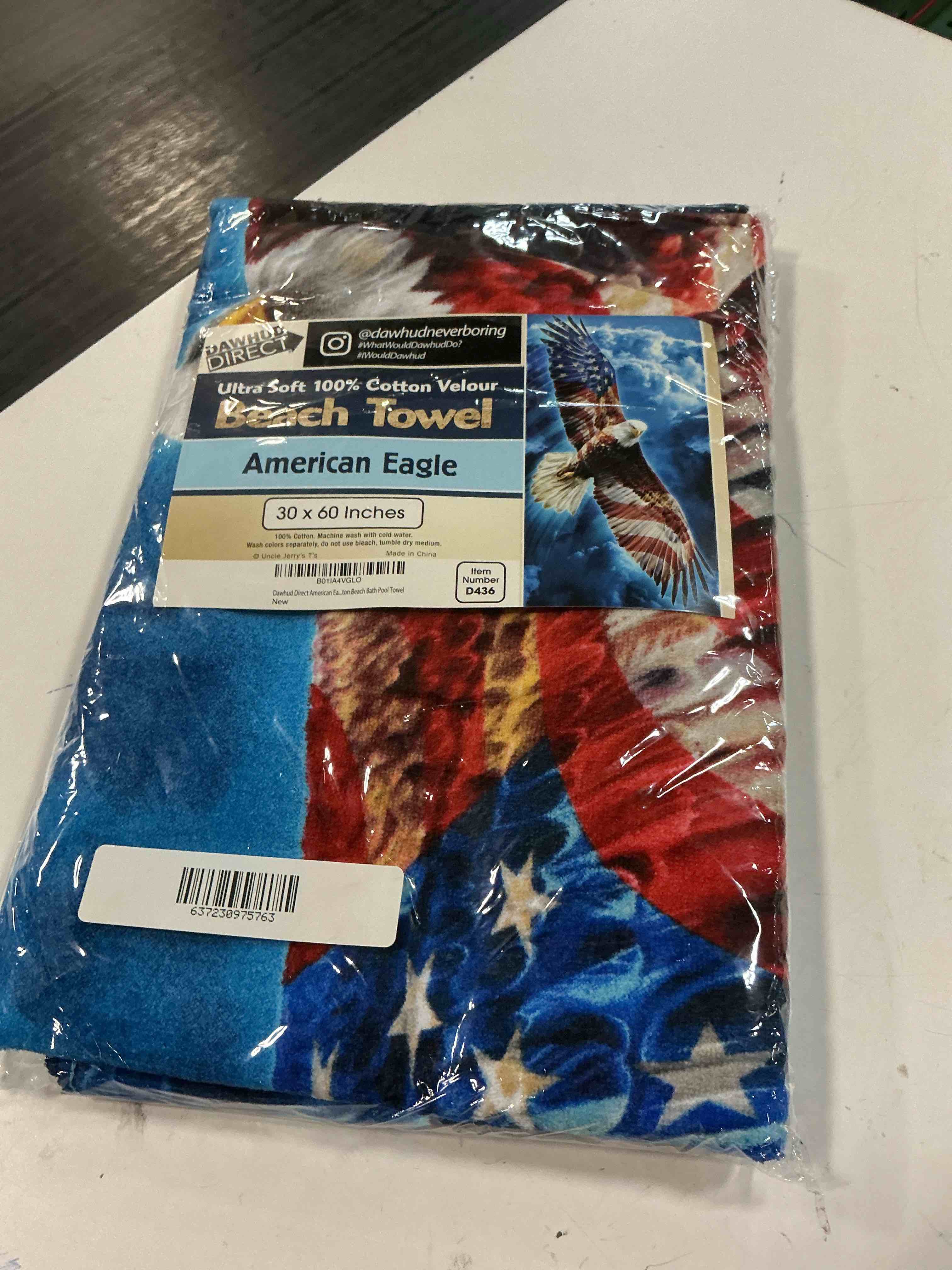 Condition photo showing New/Like New for dawhud direct american eagle beach towel for men, boys, girls, kids, women bath towel print 30" x 60" super soft plush cotton for eagle lovers american towel