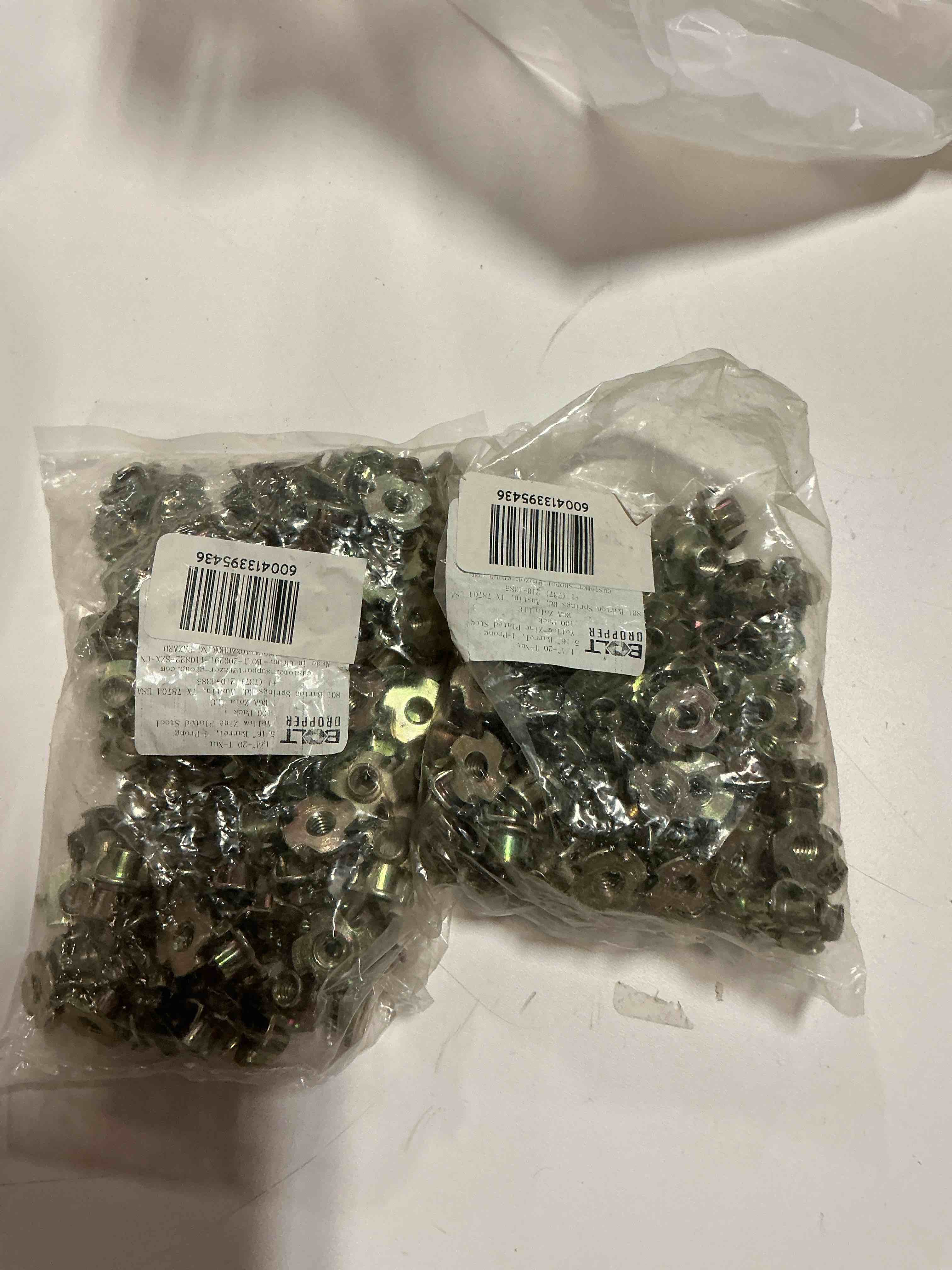 Condition photo showing New/Like New for ( 2 packs)bolt dropper | zinc yellow plated steel t-nuts 1/4 -20 inch 100 pack