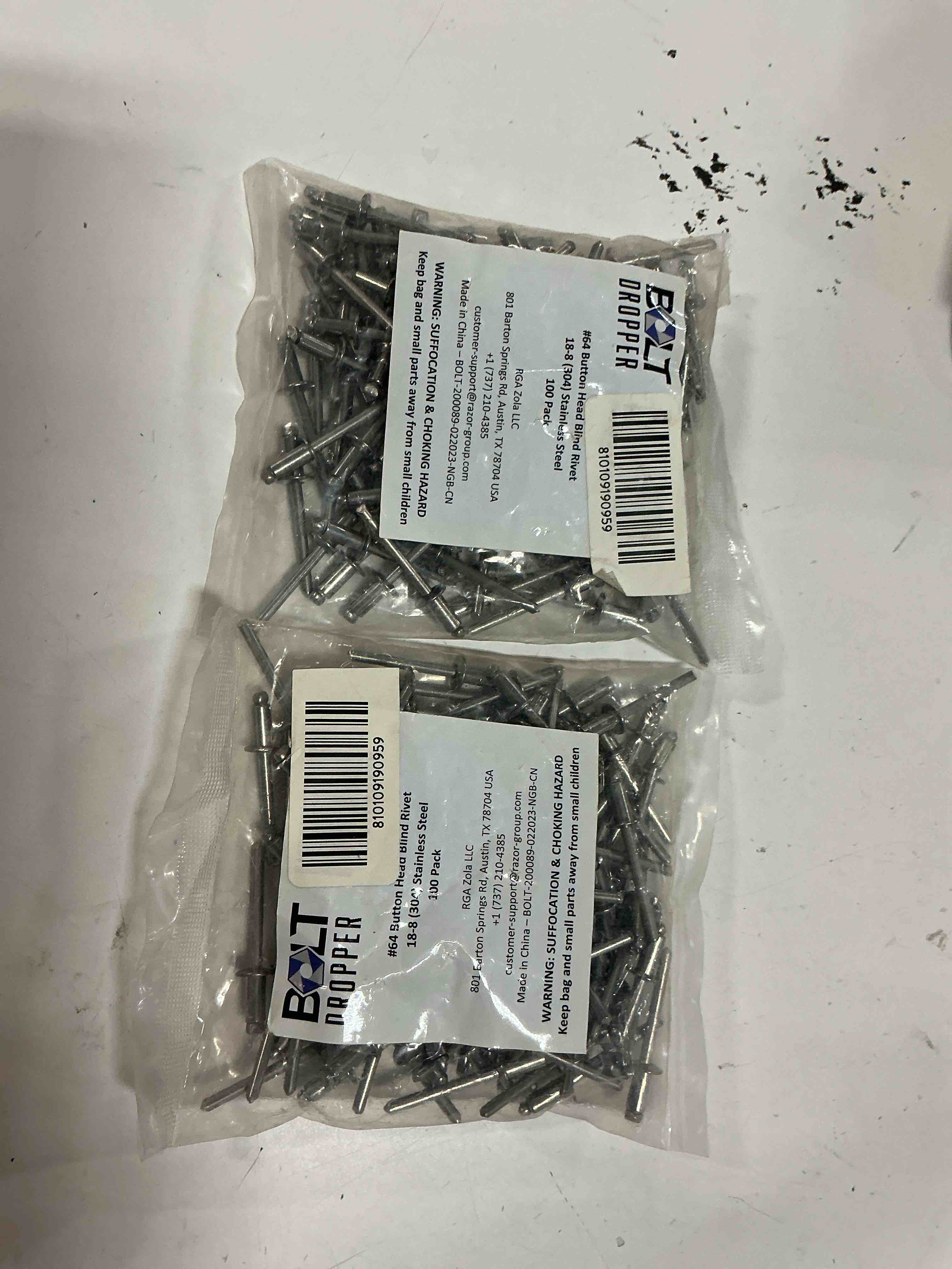 Condition photo showing New/Like New for ( 2pack ) bolt dropper #64  3/16  x (0.18-0.25)  812 stainless rivets (100pc) corrosion resistant commercial grade