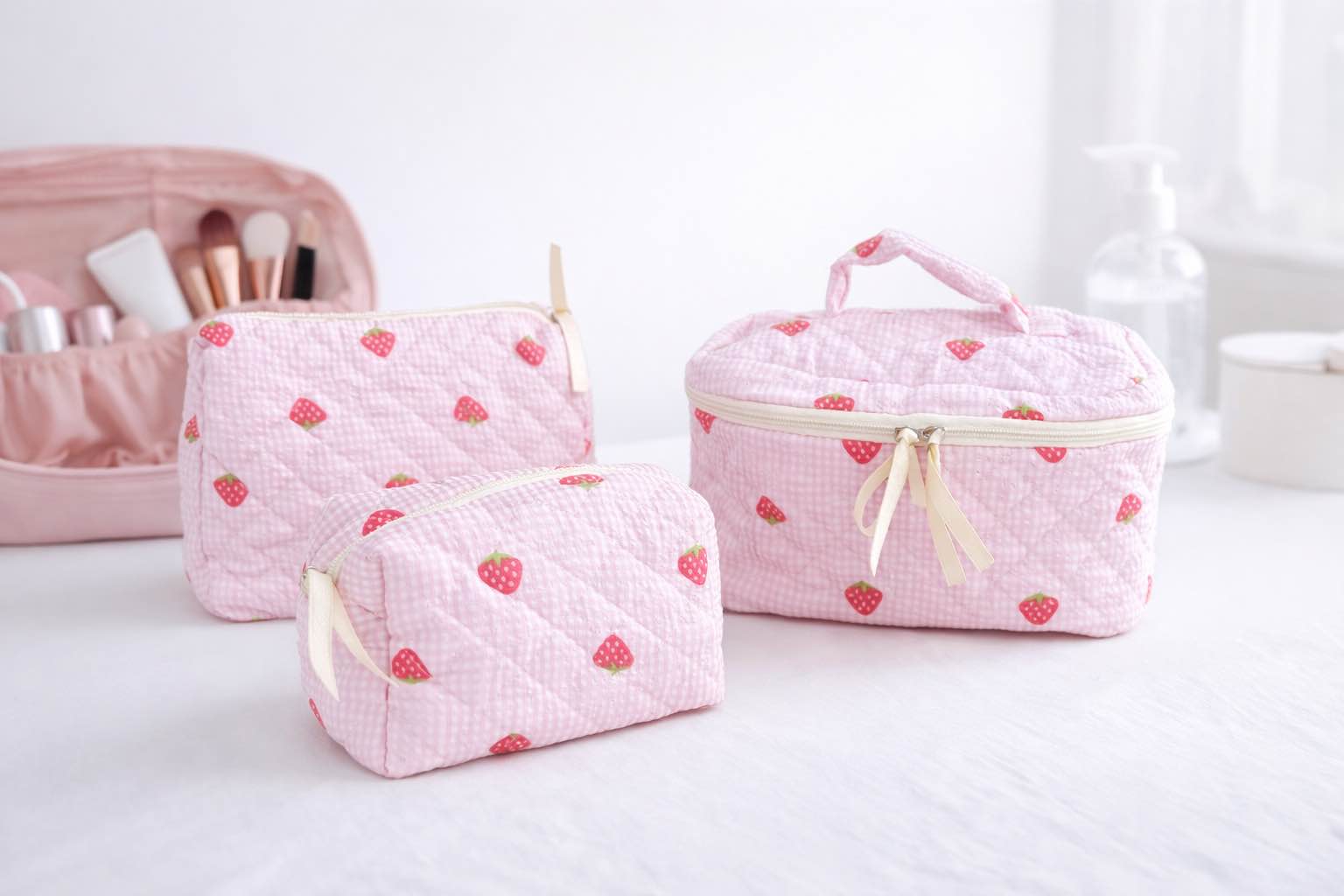 3 pc travel cosmetic bag pink strawberry 