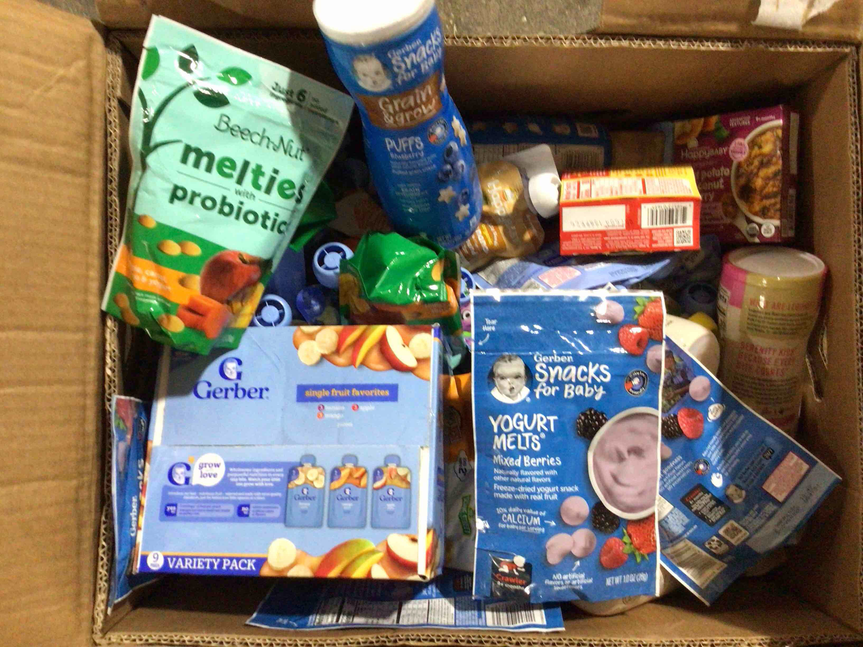 Box of Assorted Grocery Products / Baby Food / Snacks 