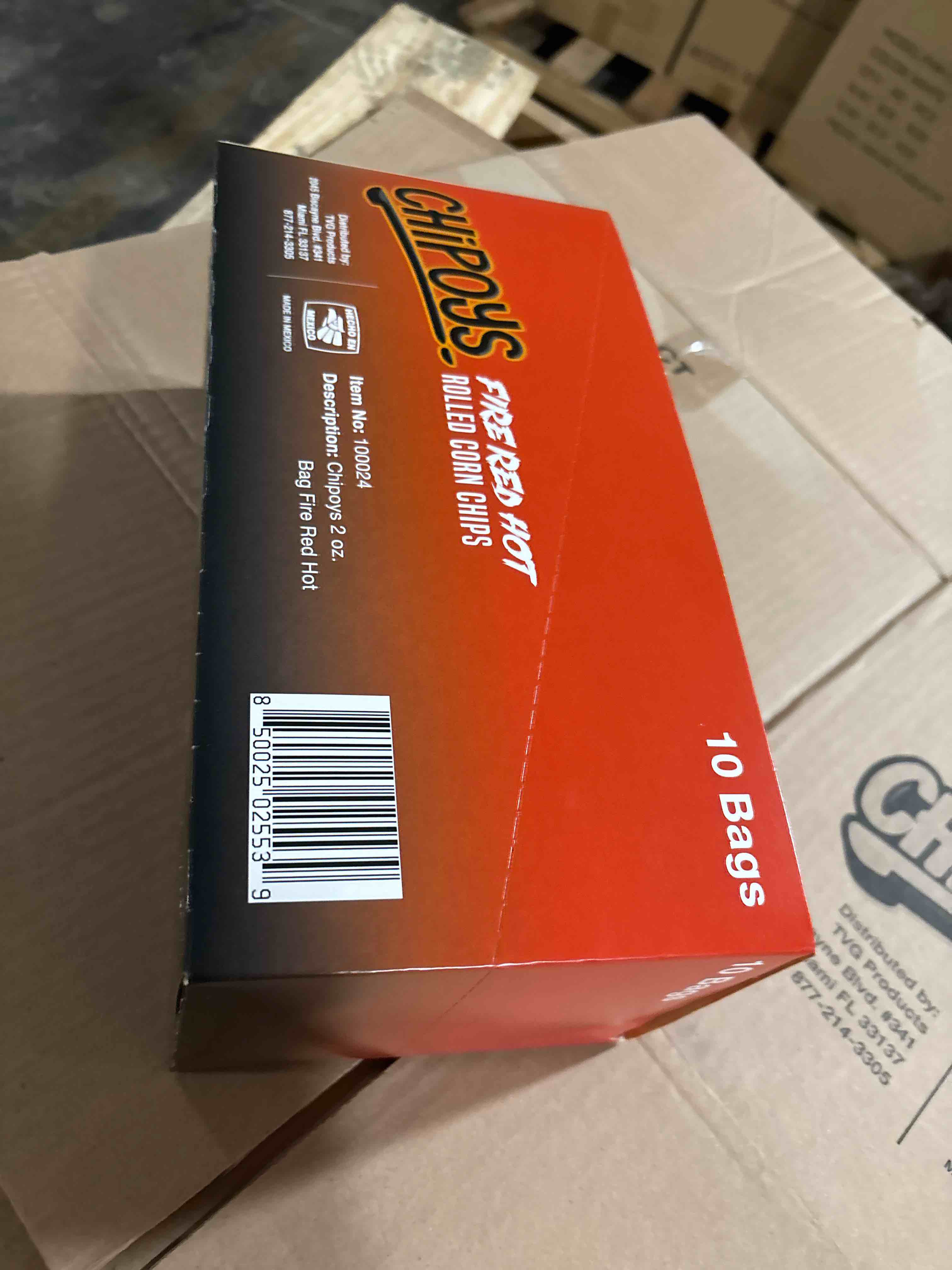 box of 10 bags Chipoys Fire Red Hot Spicy Rolled Corn Tortilla Chips, Gluten-Free, No Trans Fat, High Protein, Low-Calorie Flavorful Mexican Snacks, Made of Crunchy Maiz Chips with Natural Ingredients bb07/25