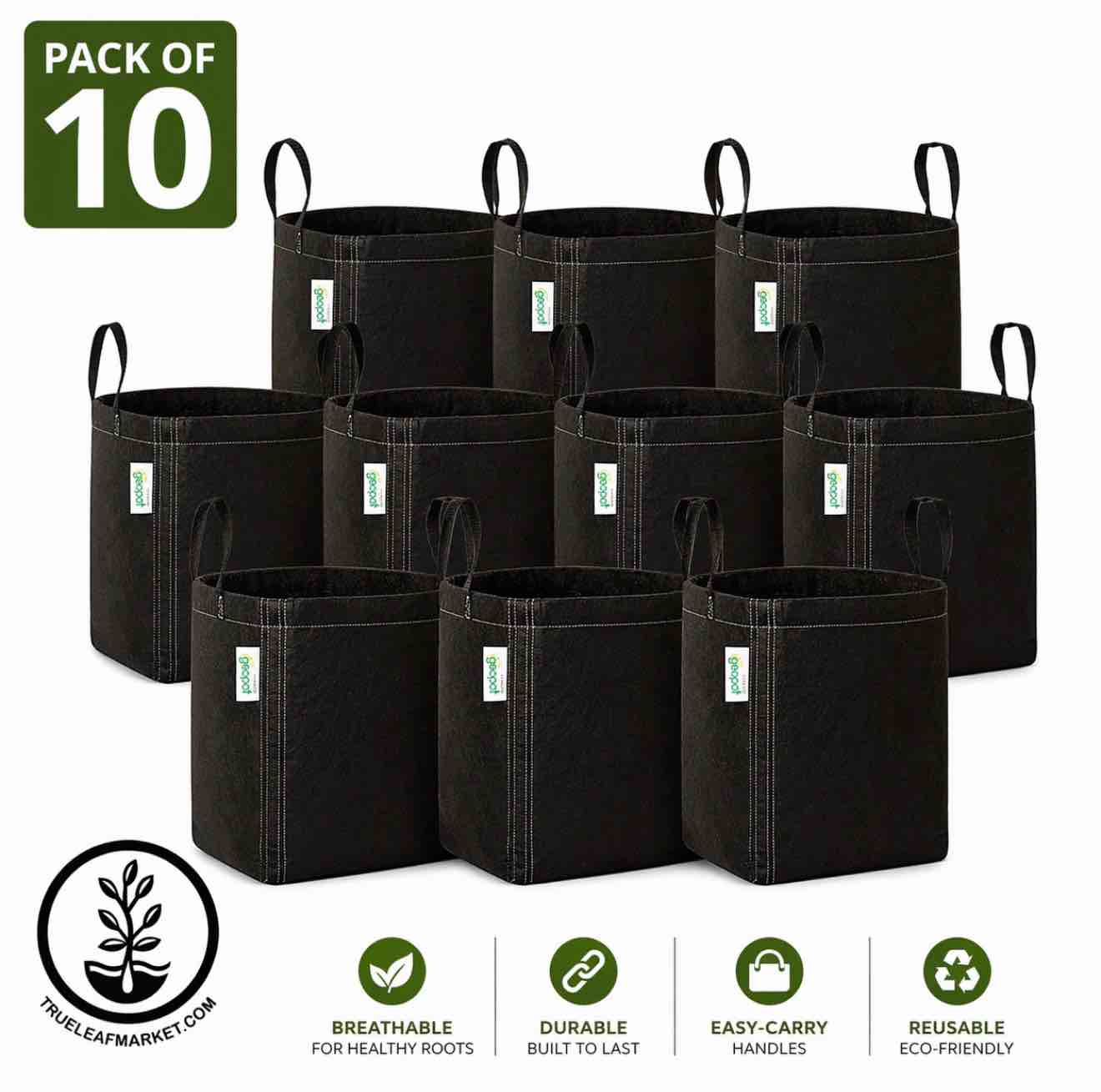 Pack of 10 Geopot Planter Fabric Pots Square Bottom Black 2 Gallon 8 Liter