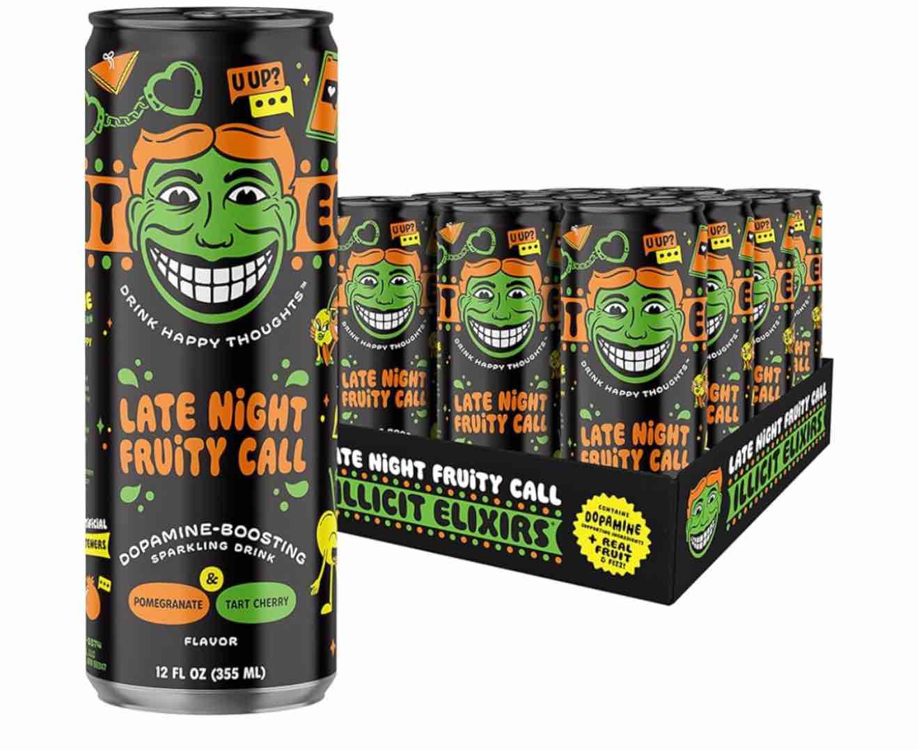 Illicit Elixirs - Sparkling Juice Mocktails with Real Fruit Juices and Functional Amino Acid Blend that Supports Dopamine Production - Non-Alcoholic & Caffeine Free (12 Pack, Late Night Fruity Call)