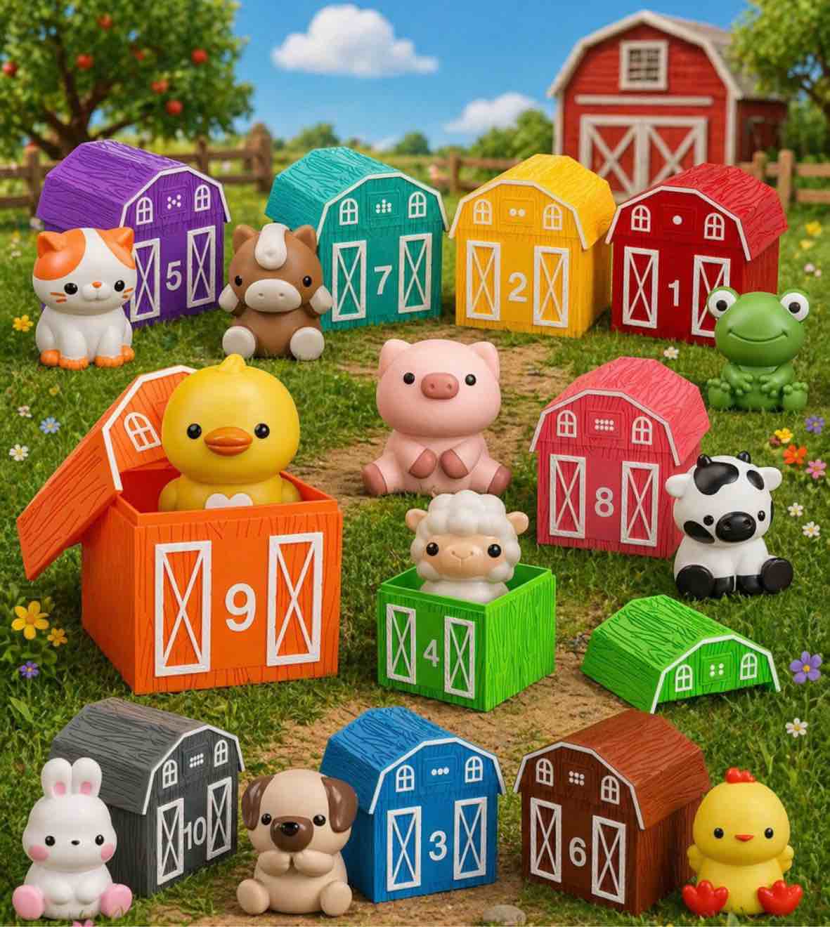 Learning Toy for Toddlers 1 2 3 Year Old, 10 Farm Animal Toys & 10 Barns, Counting, Matching & Sorting Montessori Educational Sensory Toys, Christmas Birthday Easter Gift for Baby Boy Girl 1-3
