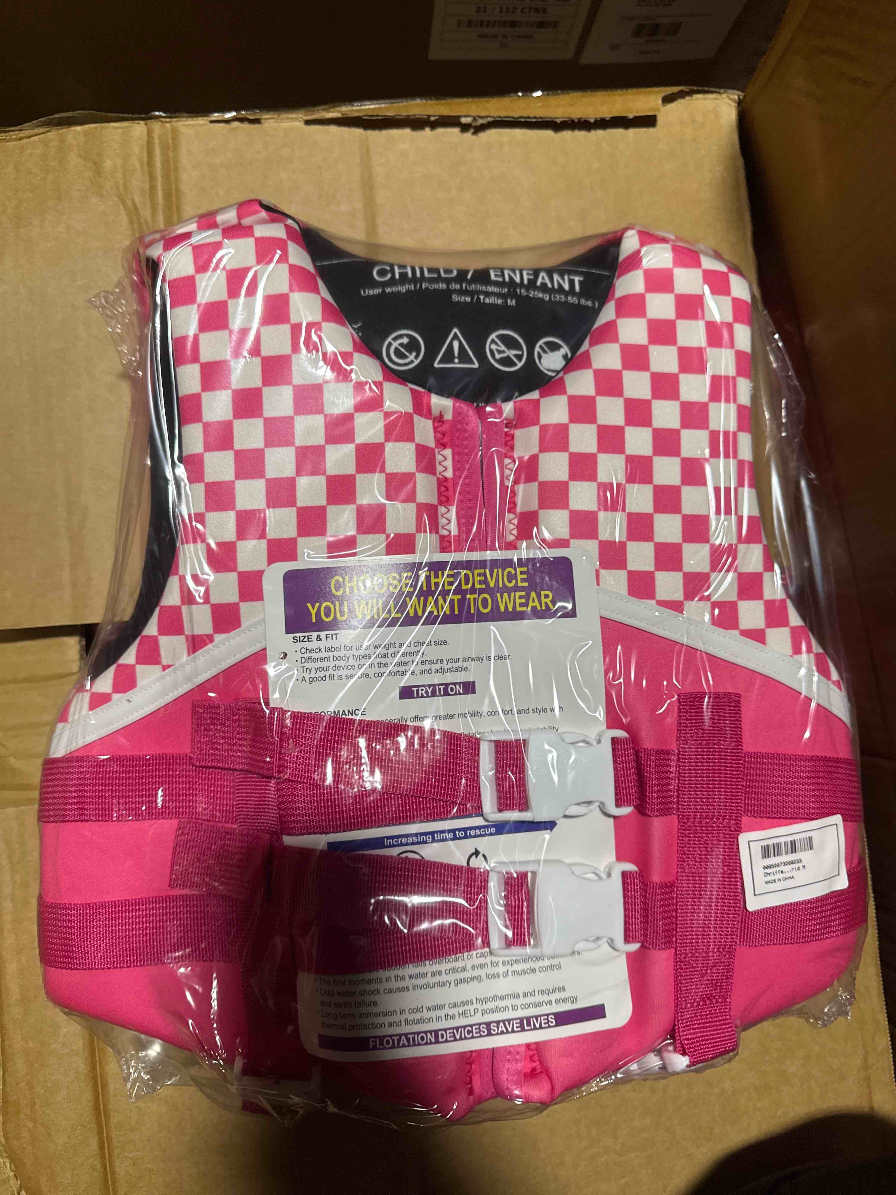 Condition photo showing New/Like New for chriffer life jacket with head support for 33-55 lbs beach pool water park  pink grid  m