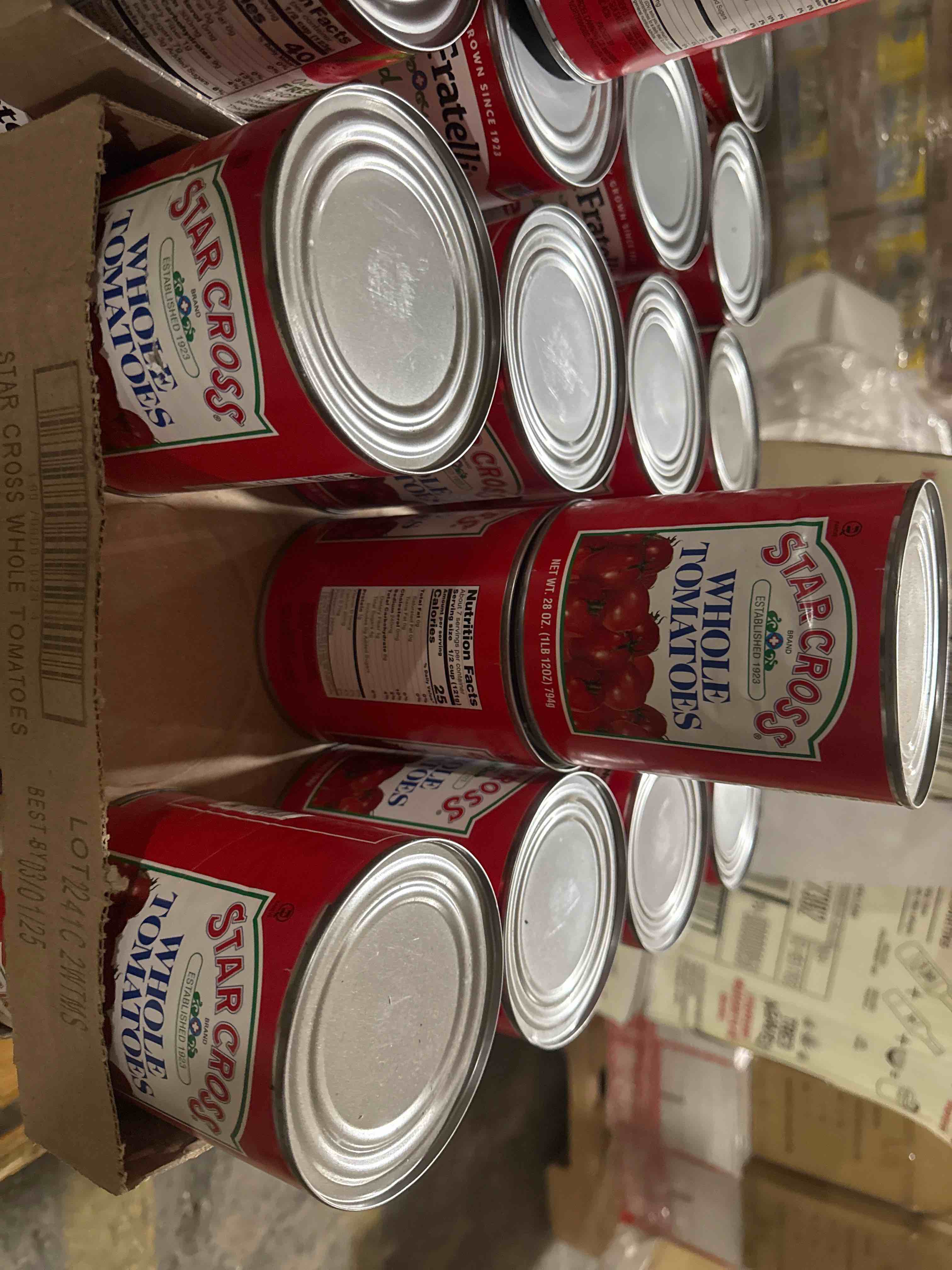 Condition photo showing Brand New for 12 case star crossed 1 pound can whole tomato tomatoes