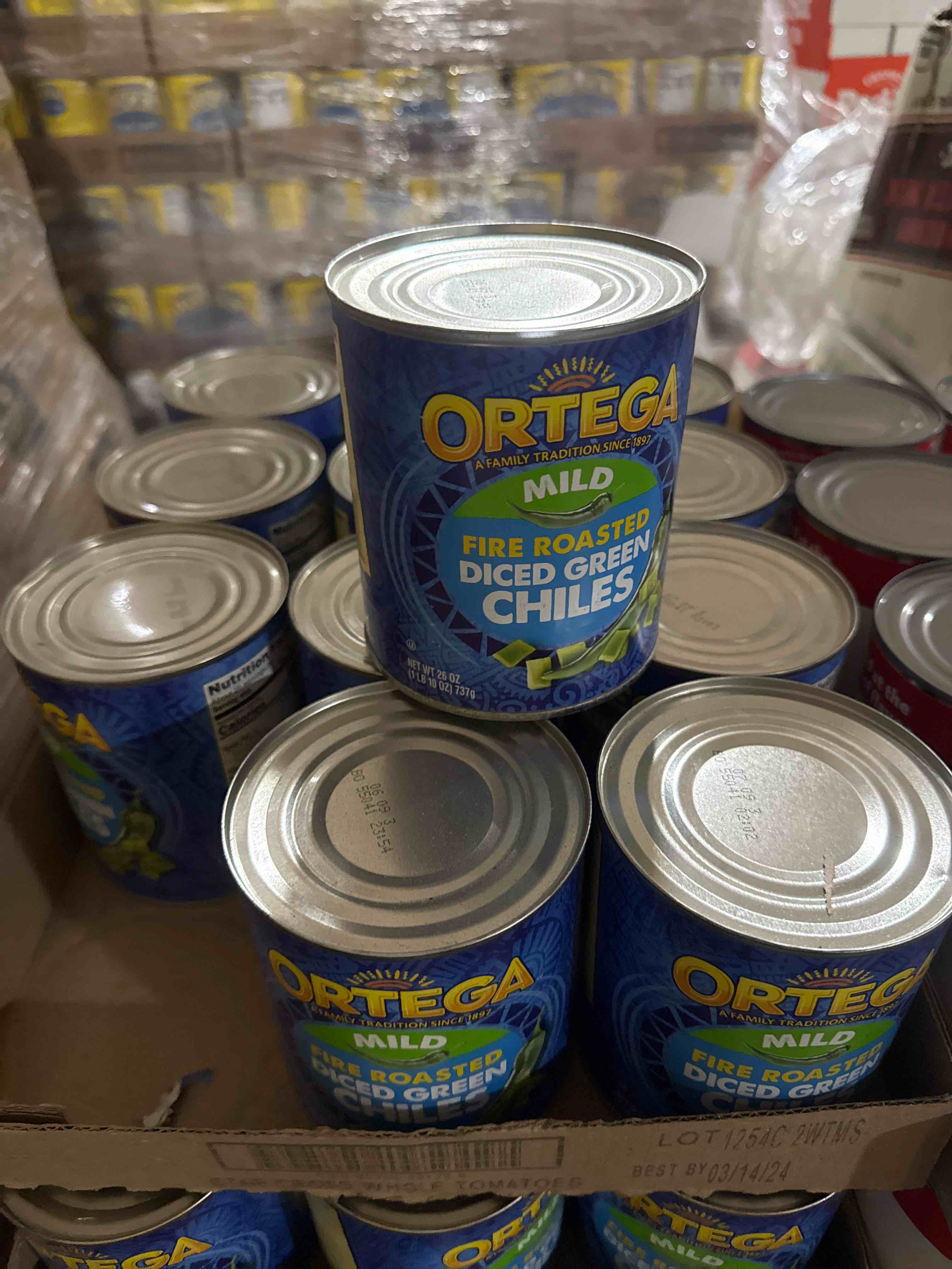 Condition photo showing New/Like New for case of 12 ortega® fire roasted mild diced green chiles 26 oz. can bb march 2025