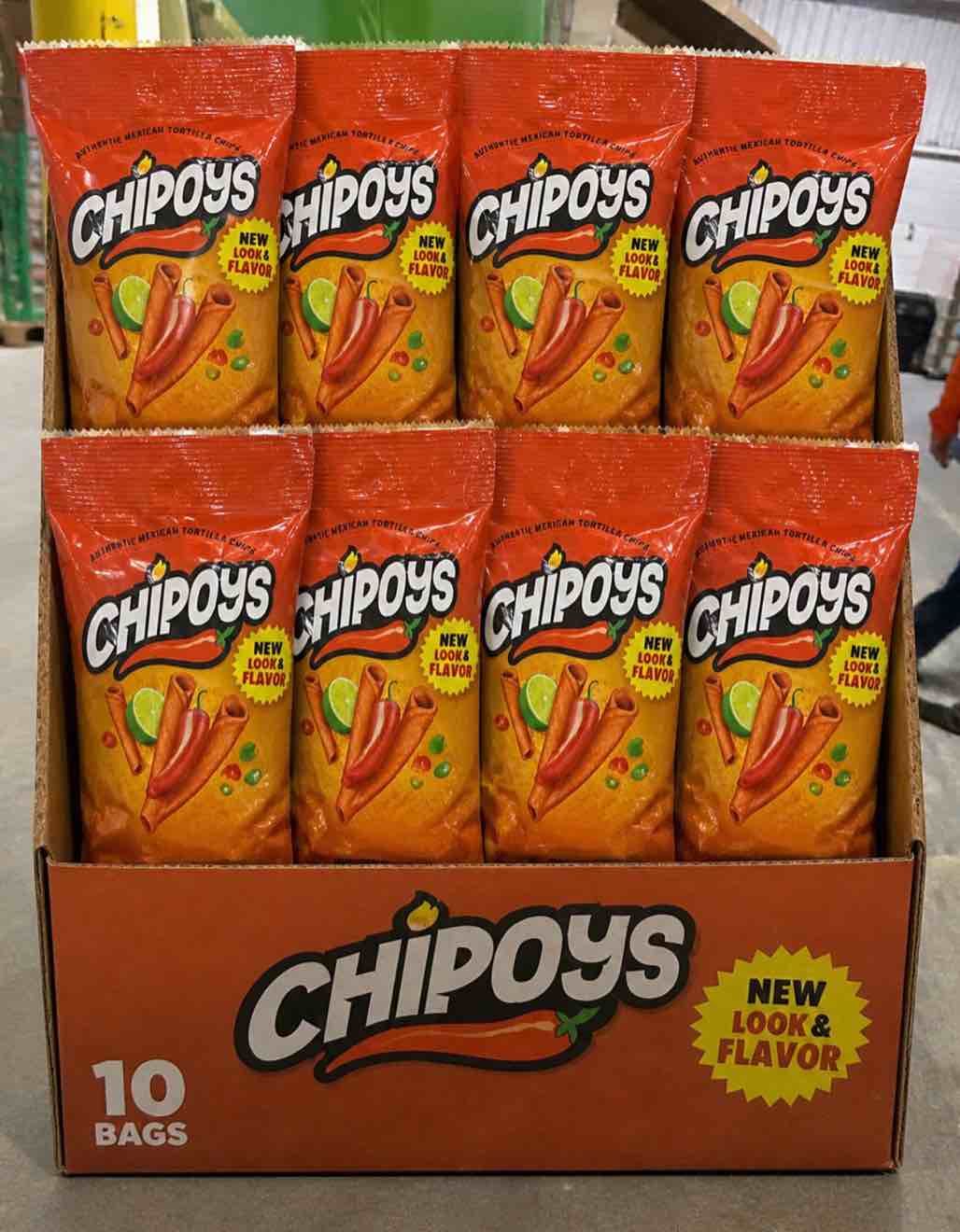 box of 10 bags Chipoys Fire Red Hot Spicy Rolled Corn Tortilla Chips, Gluten-Free, No Trans Fat, High Protein, Low-Calorie Flavorful Mexican Snacks, Made of Crunchy Maiz Chips with Natural Ingredients BB 7.2025