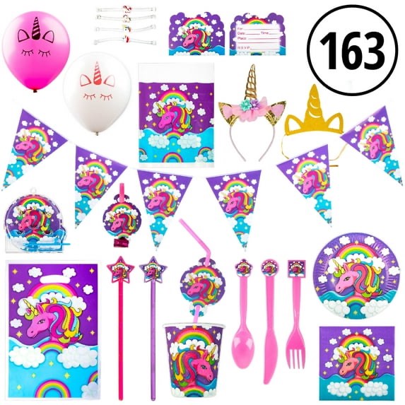 USA Toyz Rainbow Unicorn Party Supplies - 163pk Unicorn Party Favors and Unicorn Birthday Decorations with Unicorn Headbands, Invitations, Plates, Cups, and Napkin Sets