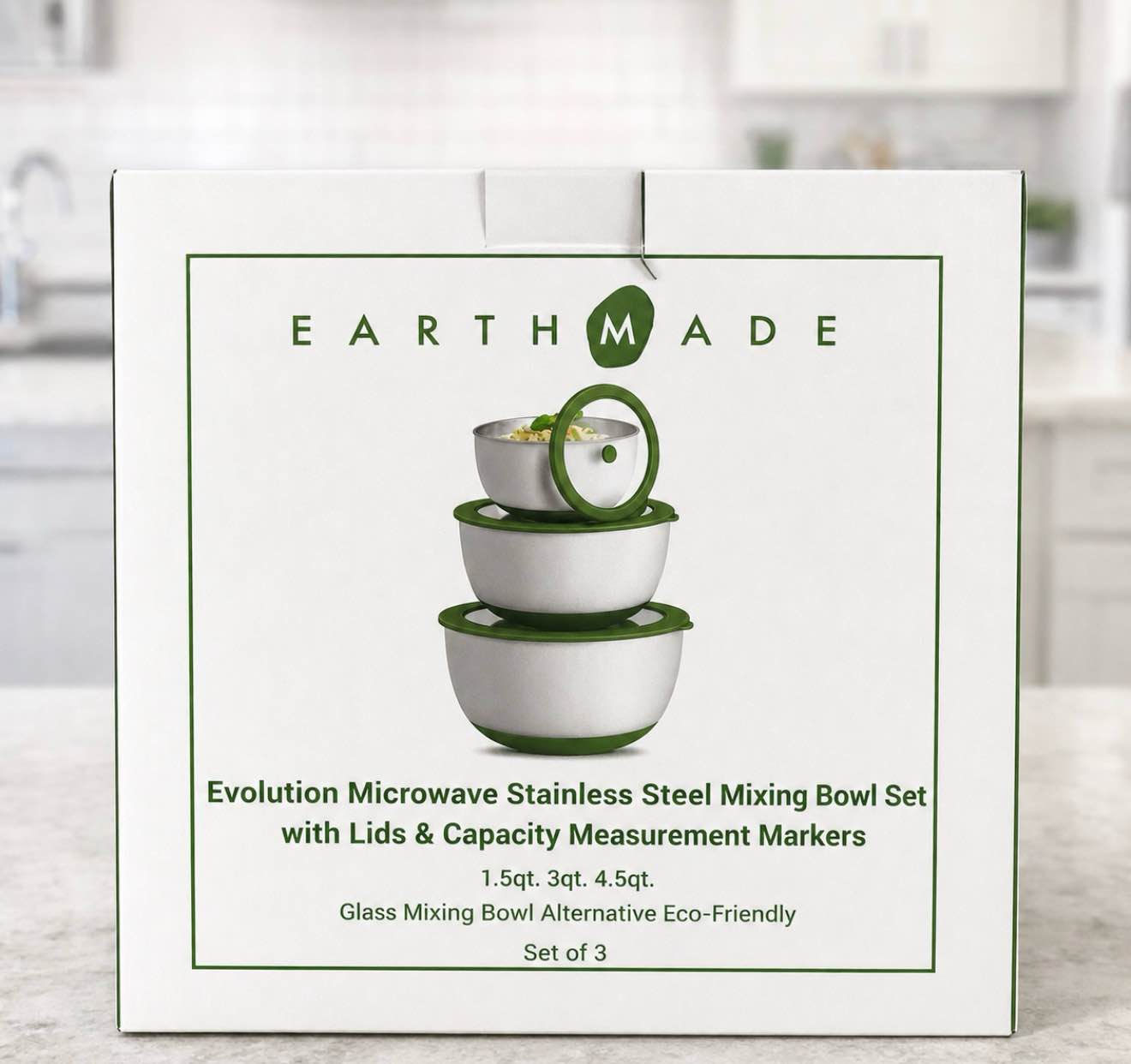 earthmade evolution microwave stainless steel mixing bowl set with lids and capacity measurement markers 1.5 qt 3 qt 4.5 qt