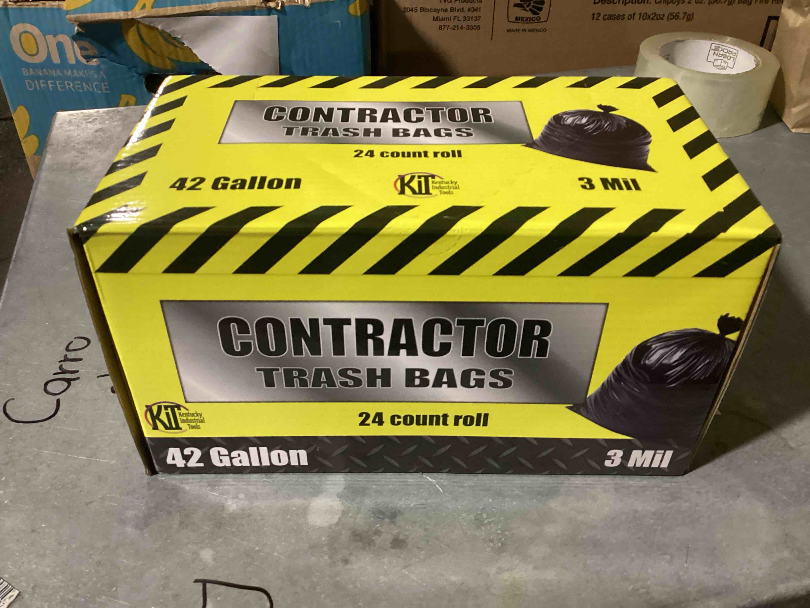 Condition photo showing Brand New for 24 count 42 gallon contractor, trash bags, three mill