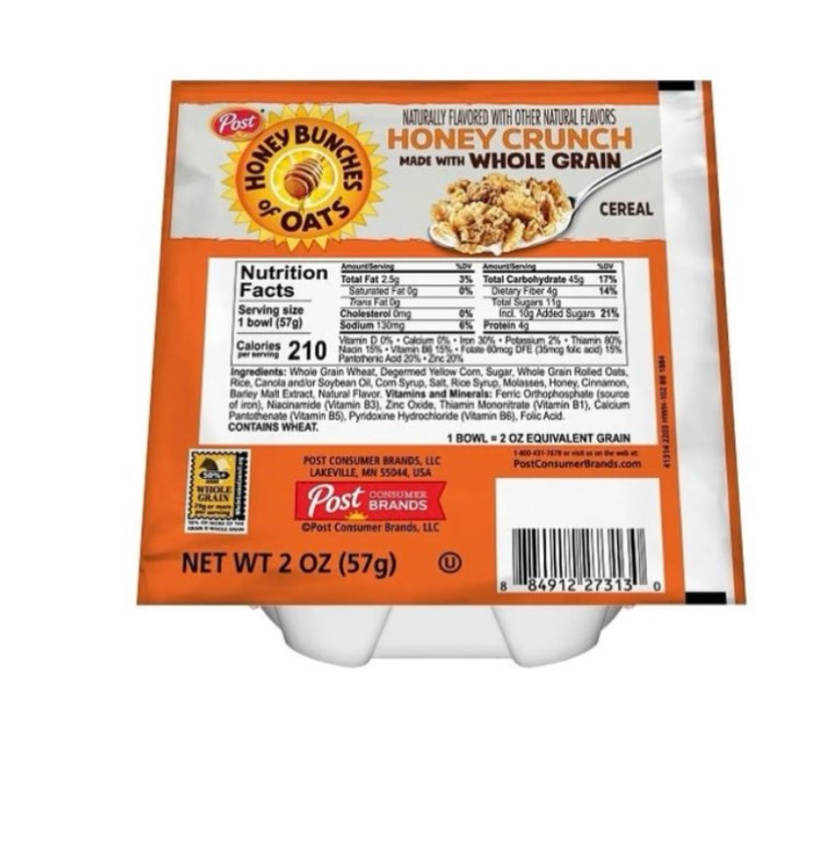 Case of 48 Post Honey Bunches of Oats Honey Crunch made with Whole Grain Cereal 2 oz BB April 2026 