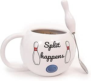 premium innovations bowling themed mug with a cute novelty spoon with a bowling pin handle, the mug features a quote, “split happens” great gift for bowlers men & women, holiday, birthday etc.