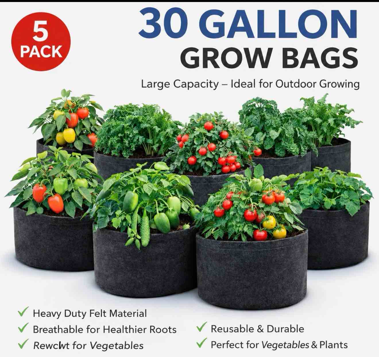 5 pack of g-lite 30 gallon  xl grow bags  