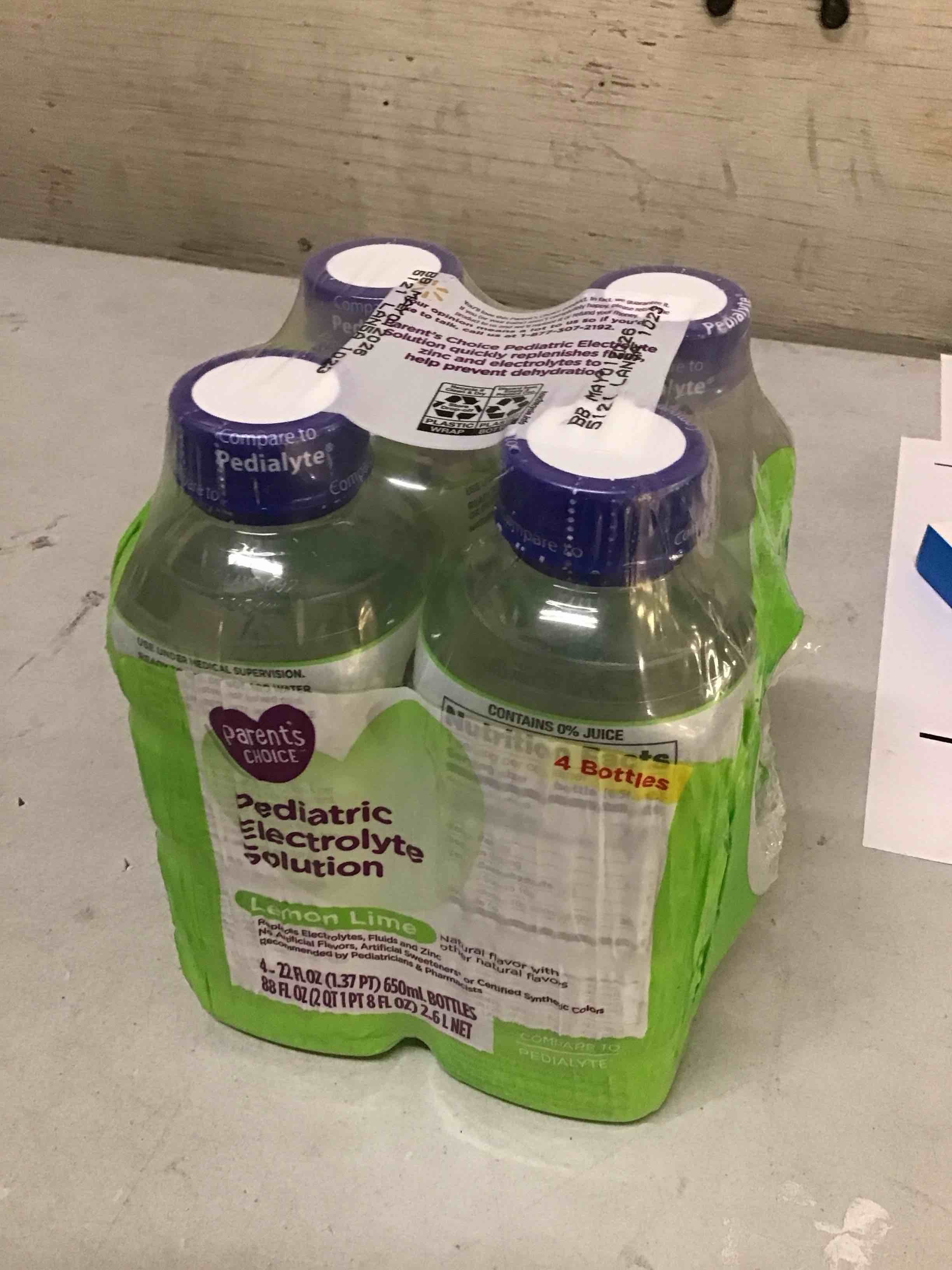 Condition photo showing New/Like New for (best by june 5/2026 ) parent's choice electrolyte solution, lemon lime, dye-free, for kids and adults, 22 oz, 4 count