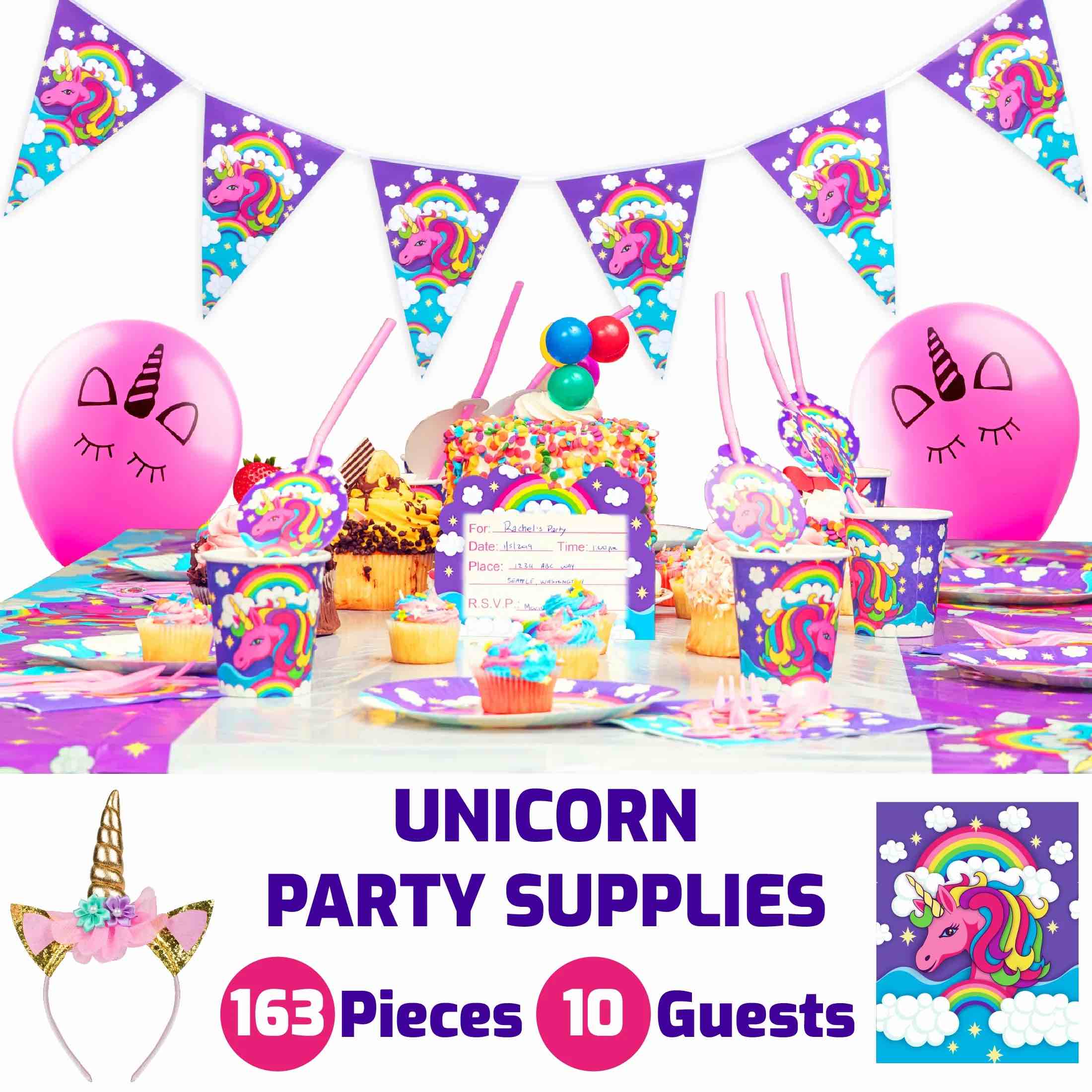Favors and Unicorn Birthday Decorations with Unicorn Headbands, Invitations, Plates, Cups, and Napkin Sets