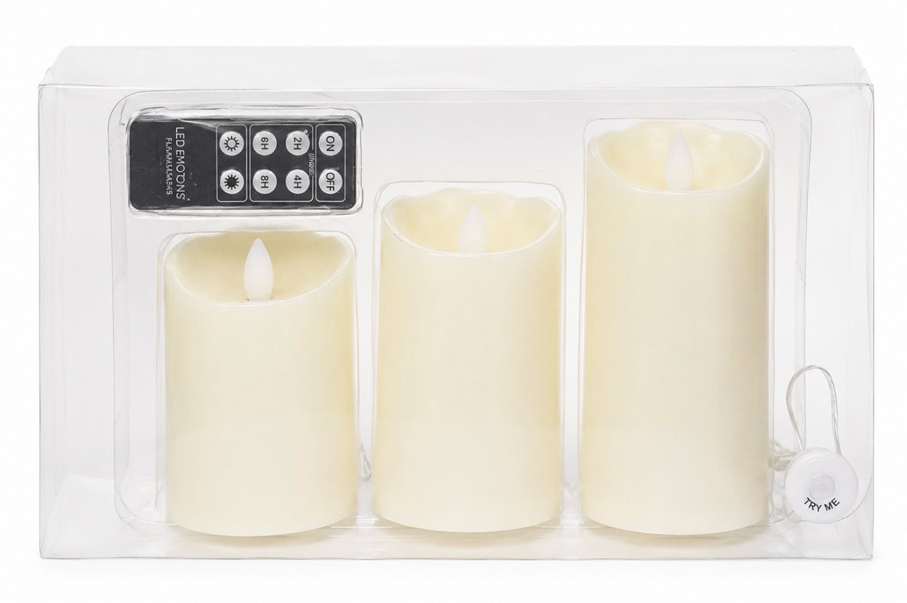 flameless set of 3 melted edge pillar led candles with remote