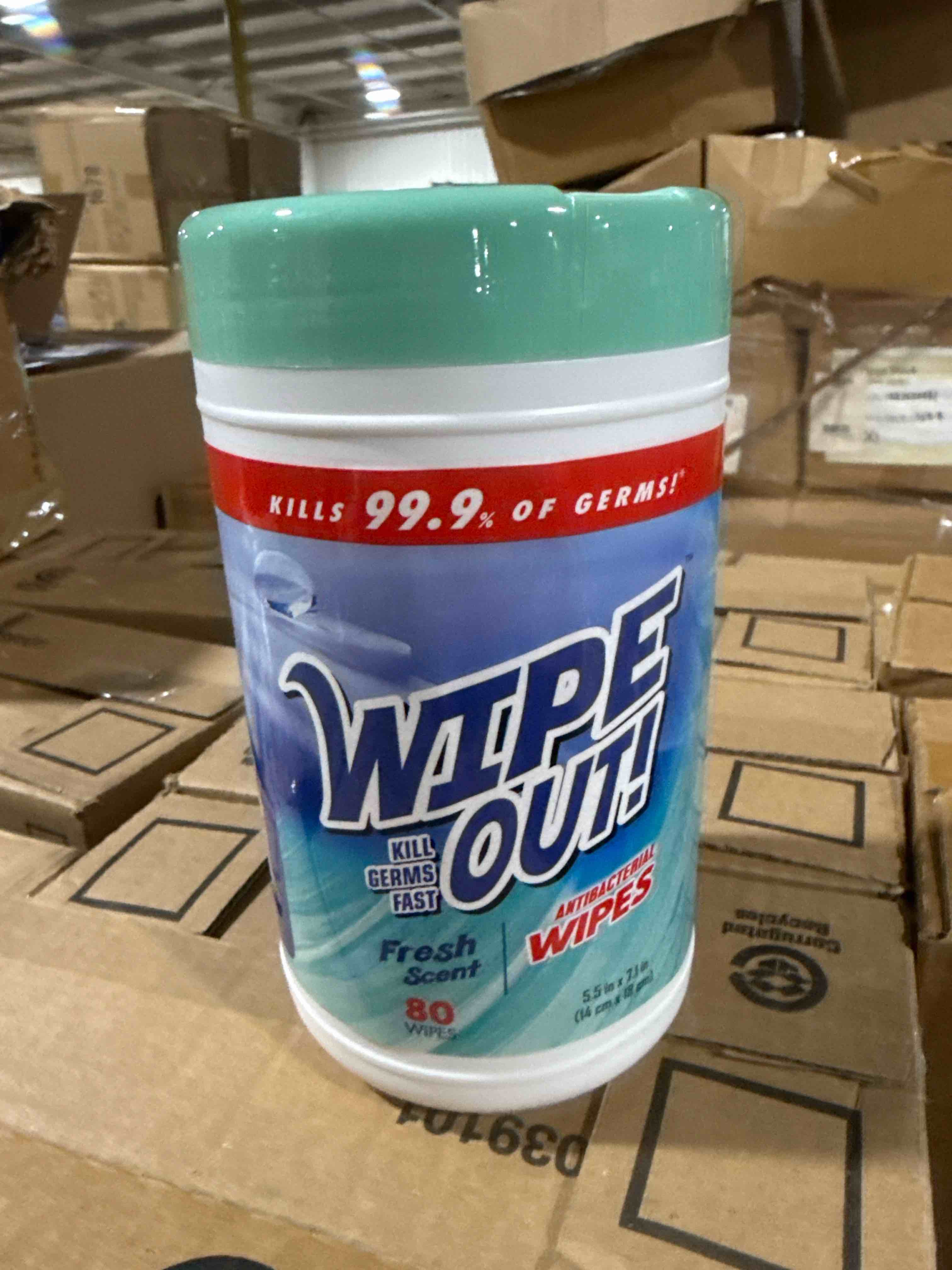 Condition photo showing Brand New for wipe out antibacterial wipes, 80 count fresh scent