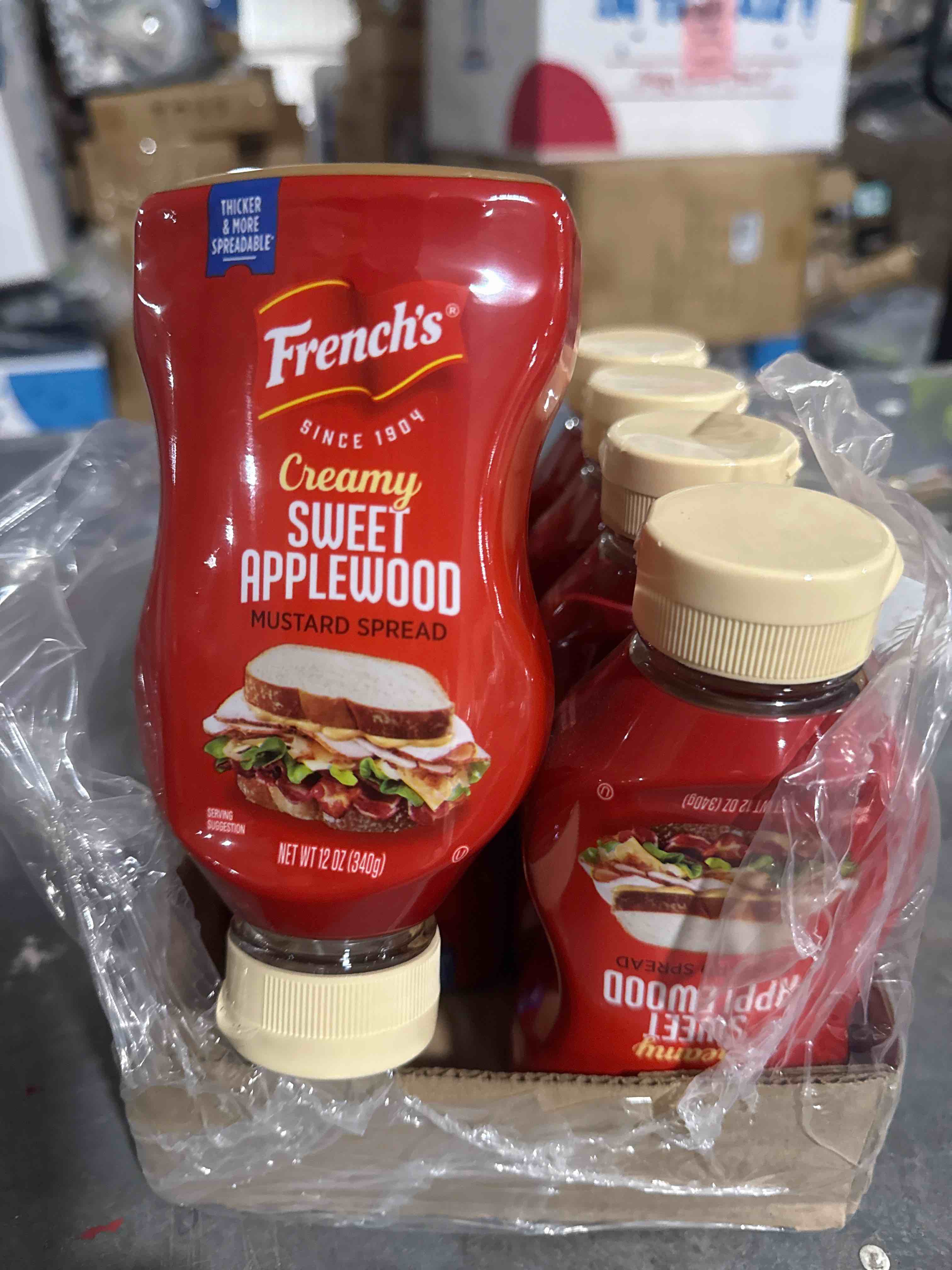 Condition photo showing Good Condition for case of 8 french s no artificial flavors kosher creamy sweet applewood mustard spread 12 oz bottle bb august 2025