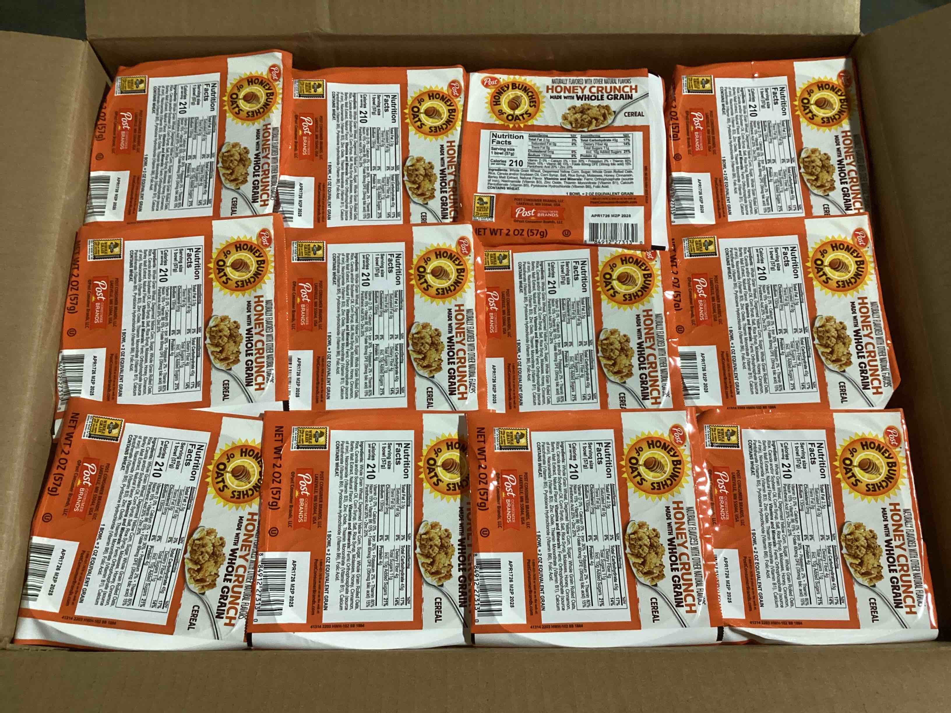 case of 48 2 ounce honey bunches of oats honey crunch made with whole grain cereal 2 ounce bowls
