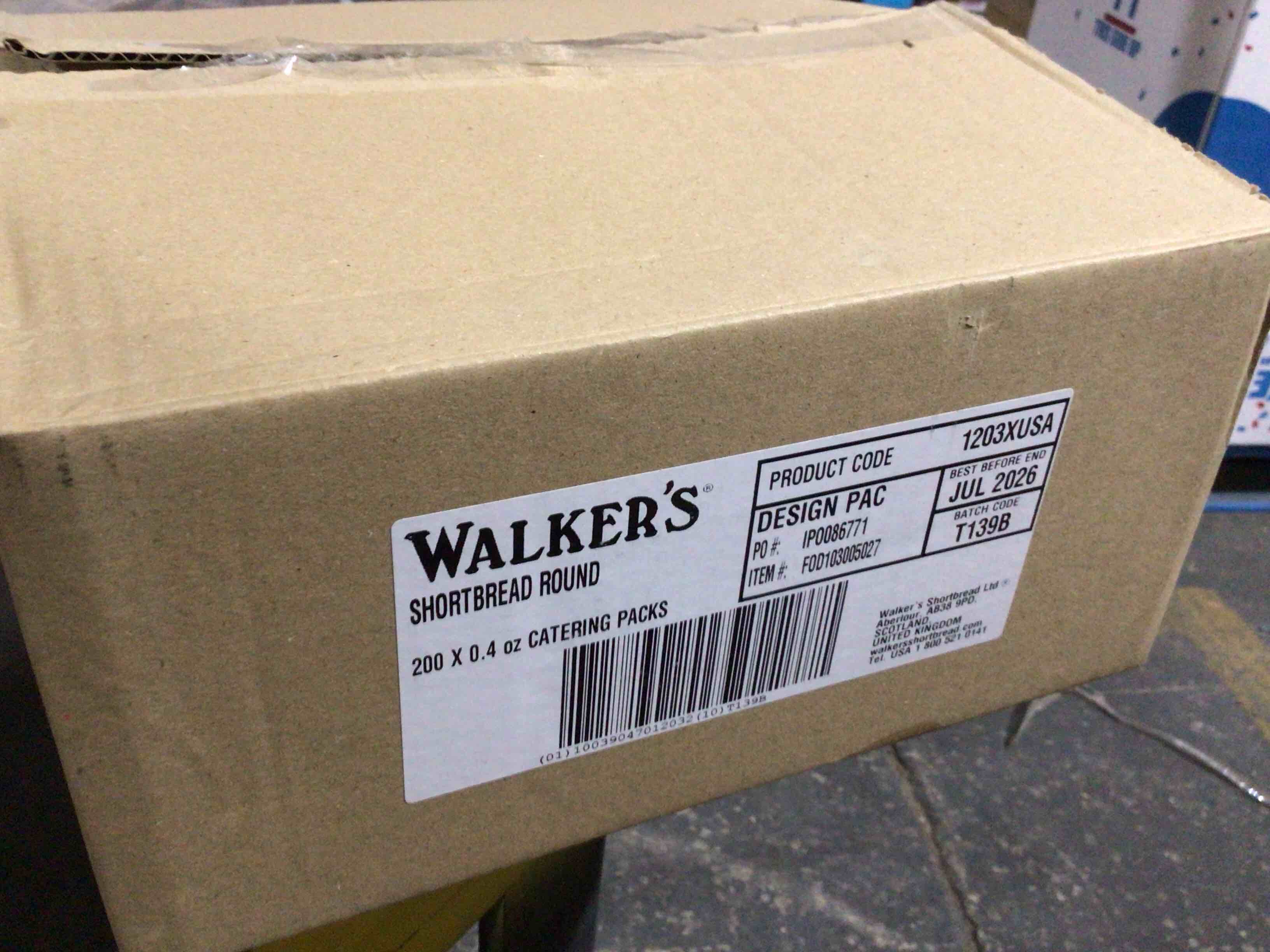 Condition photo showing Good Condition for case of 200 walker’s shortbread round all butter .4oz bbjuly 2026