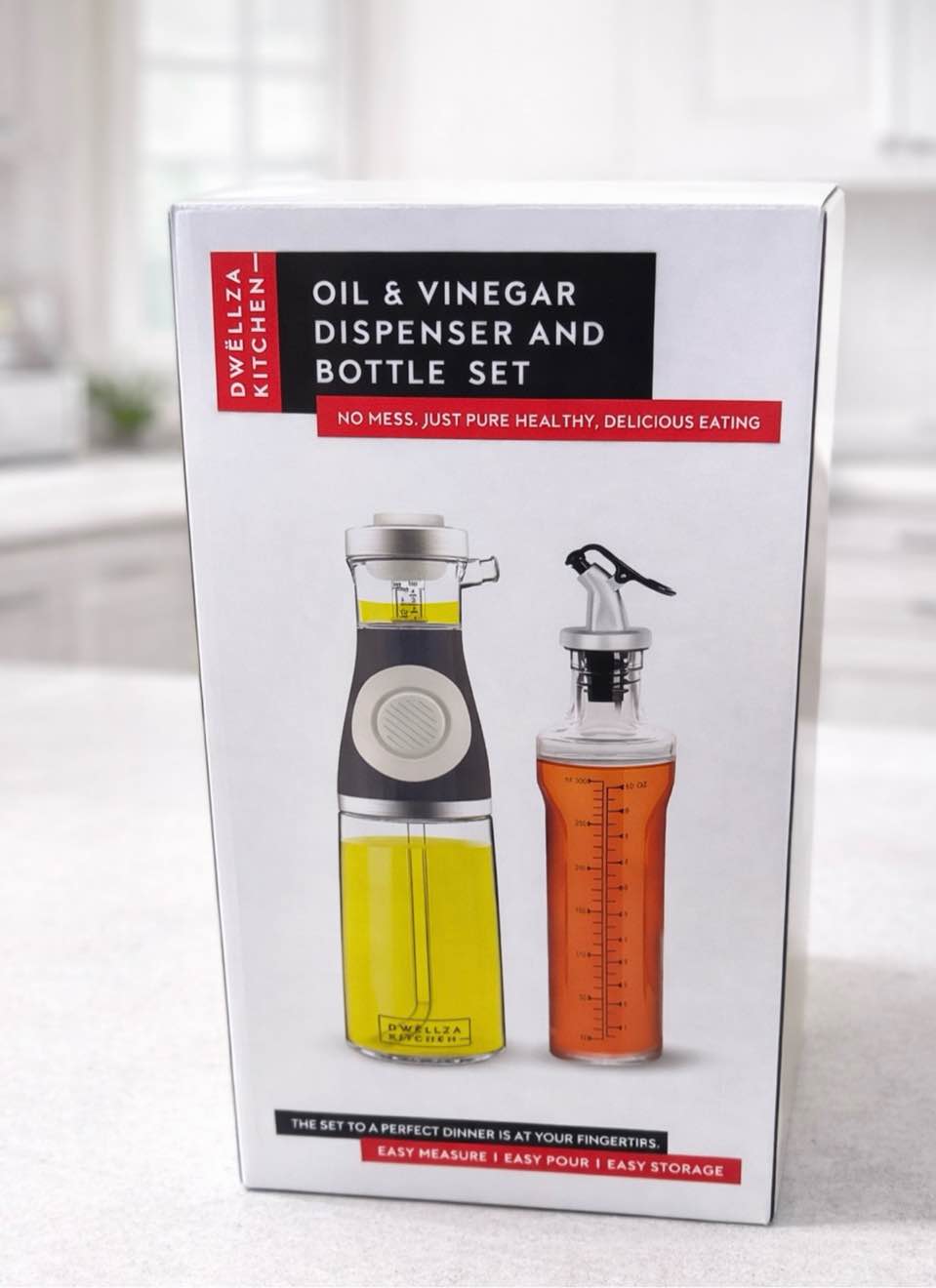 Condition photo showing New/Like New for dwëllza kitchen cooking olive oil dispenser bottles 17 oz and 12 oz