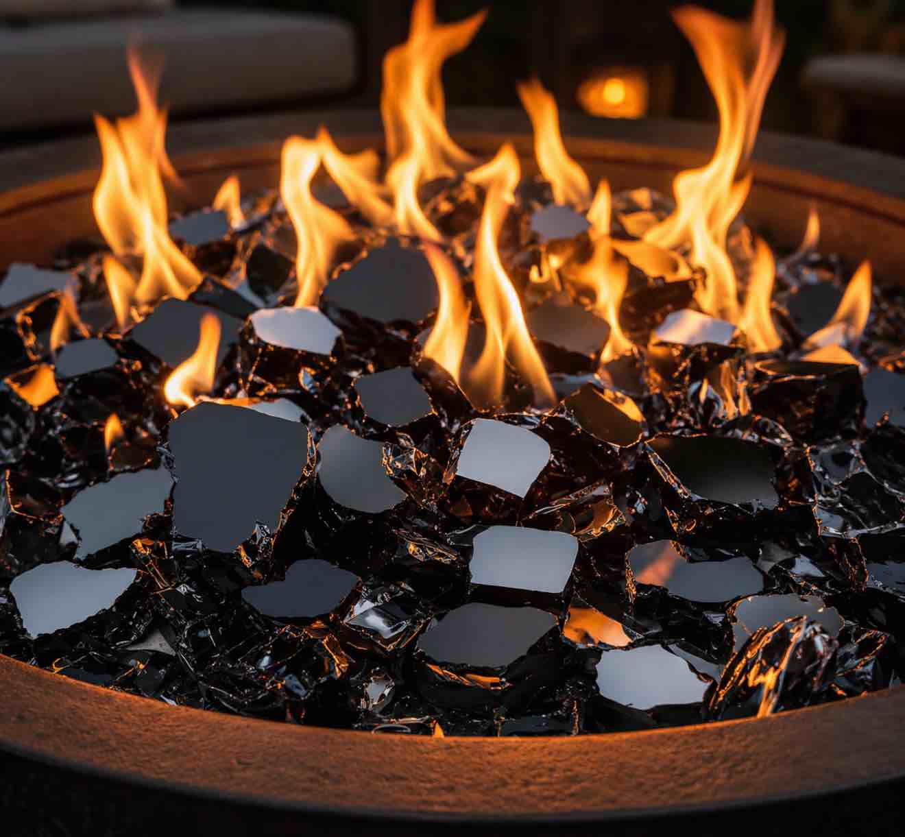  25 -Pound Fire Glass – 1/2 Inch Reflective Tempered Fire Pit Glass Rocks and Fireplace Glass, Interstellar Black Reflective