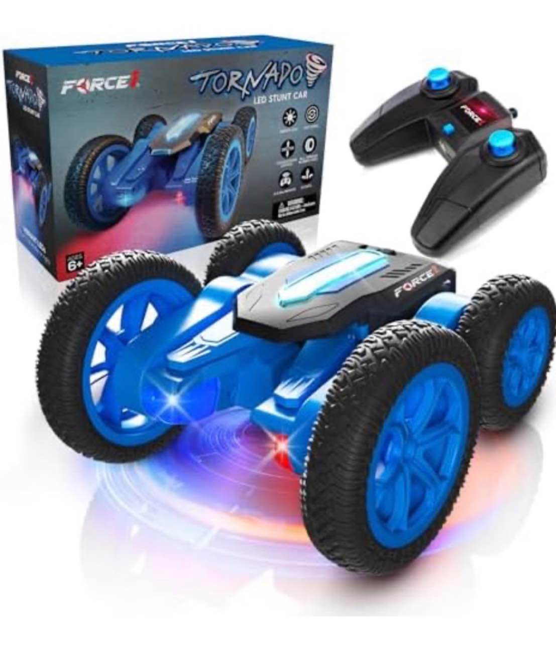 force1 tornado blue led remote control car for kids- double sided driving fast rc cars 360 flips, outdoor 4wd off road stunt rc car, all terrain tires, rc crawler rechargeable battery, 2.4ghz remote