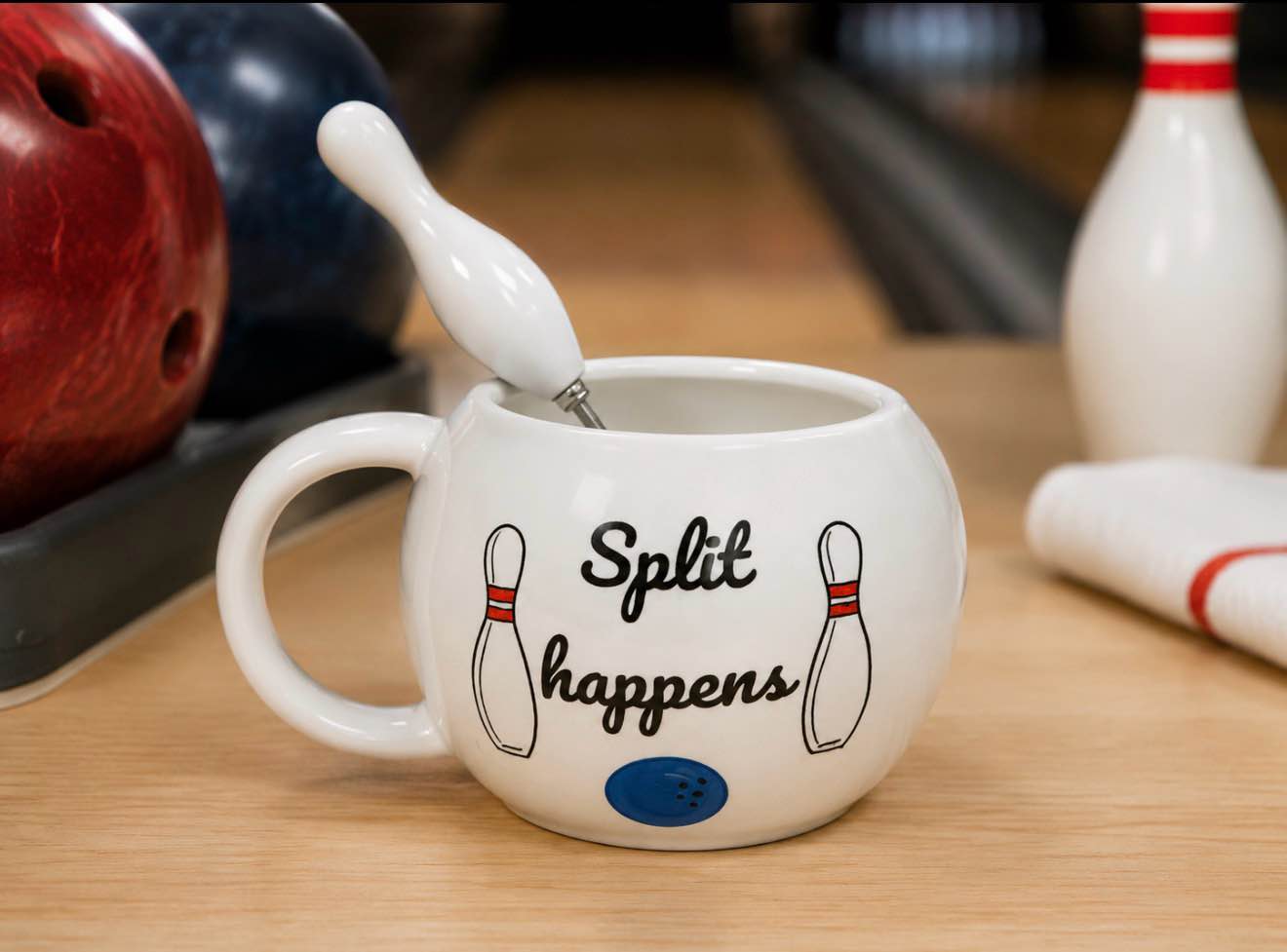 Premium Innovations Bowling Themed Mug with A Cute Novelty Spoon with a Bowling Pin Handle, The Mug Features A Quote, “Split Happens” Great Gift for Bowlers Men & Women, Holiday, Birthday Etc.