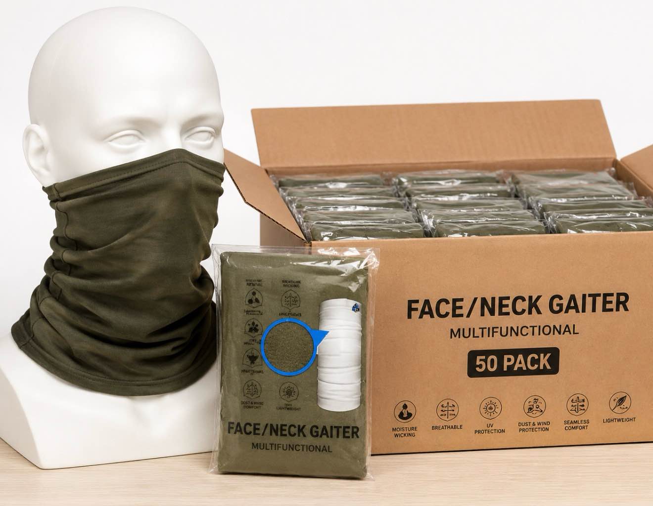 pack of 50 sa kids face mask/ neck gaiter solid green