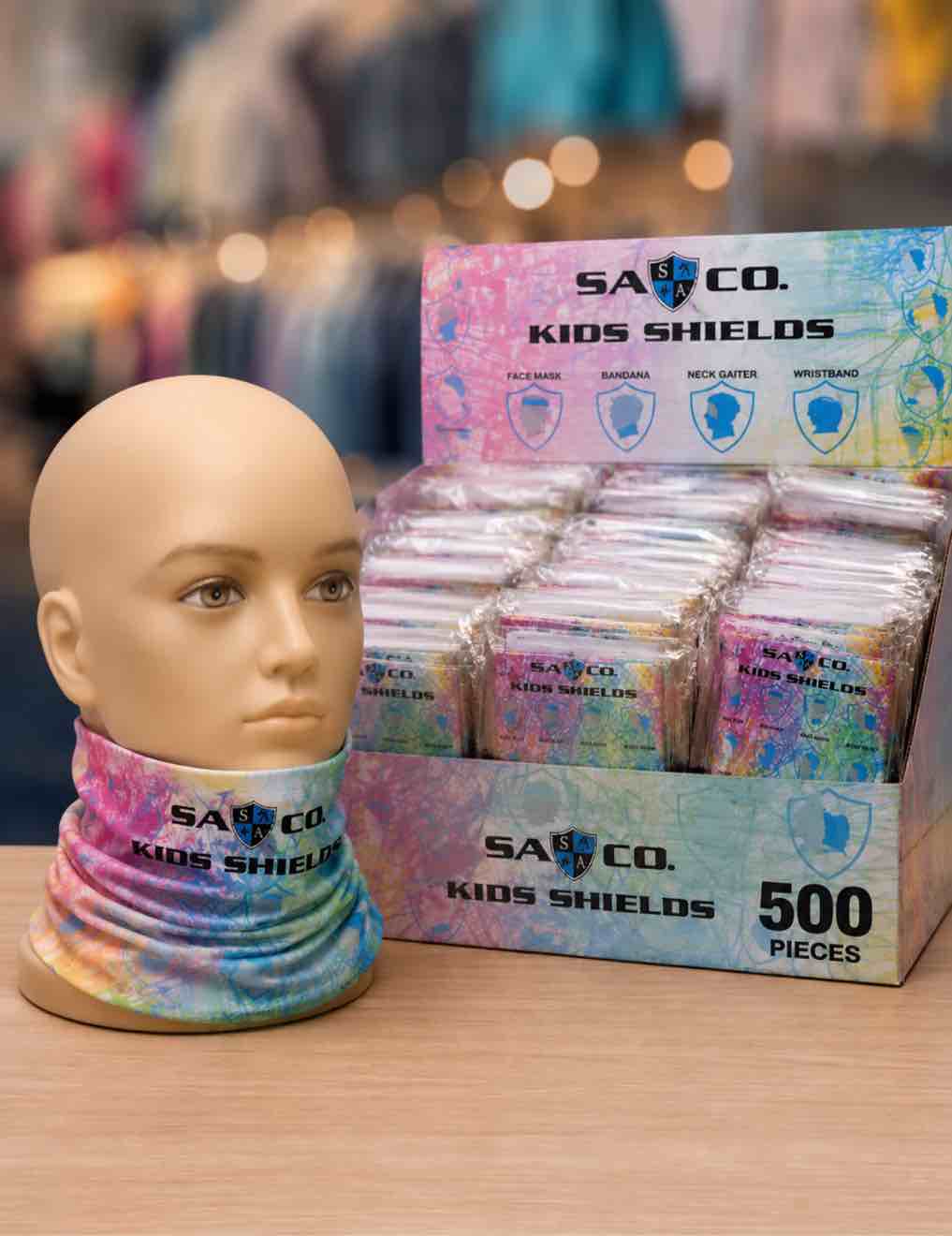 case of 500 kids face shield / neck gaiter rainbow spiral