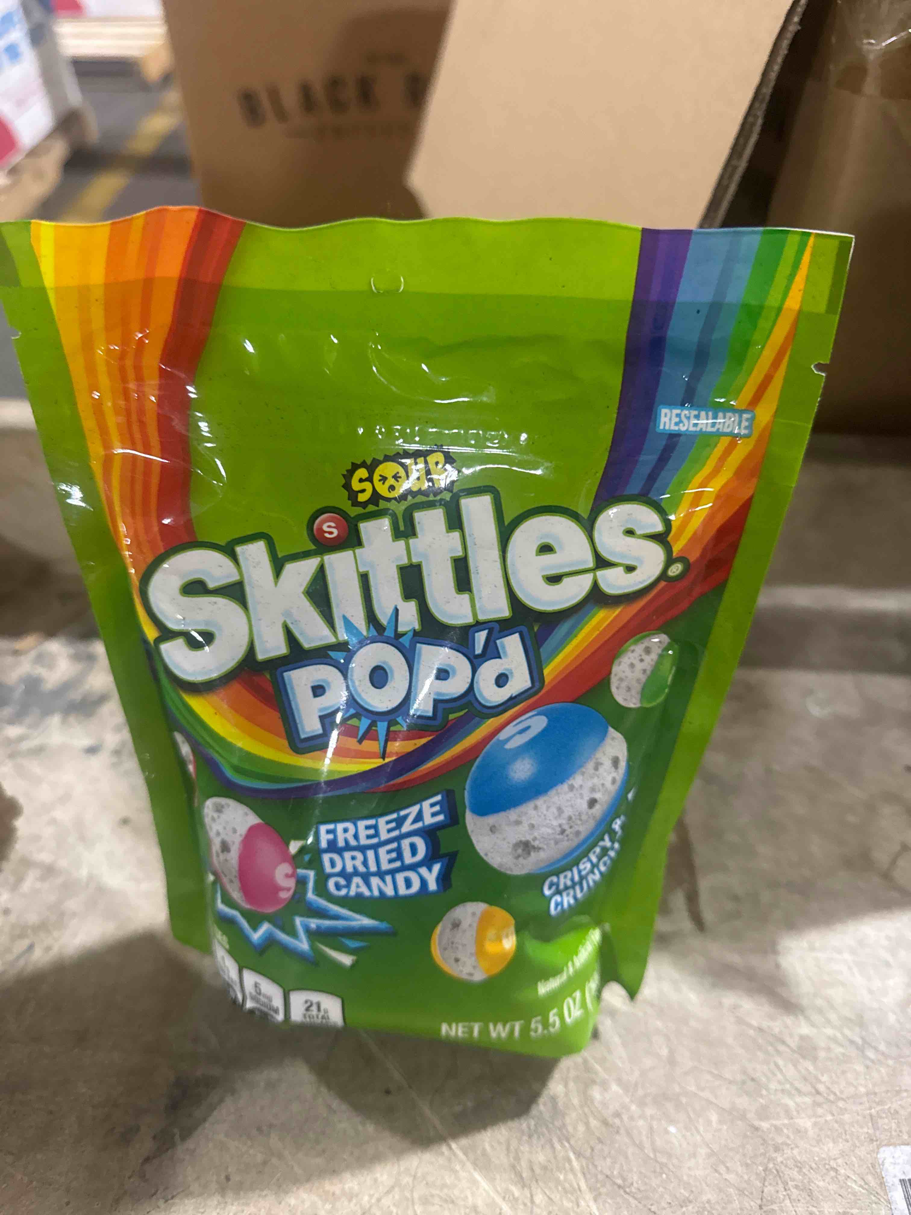 Condition photo showing New/Like New for skittles pop'd sour freeze dried candy resealable candy bag - 5.5oz bb 5/2026
