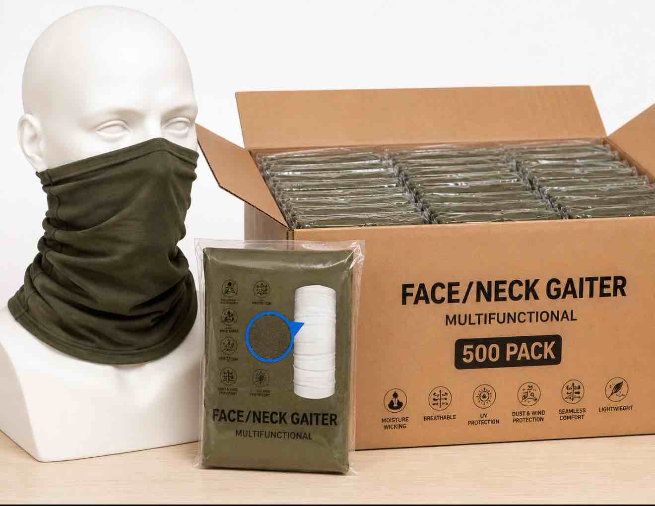 pack of 500 sa kids face mask/ neck gaiter solid green 