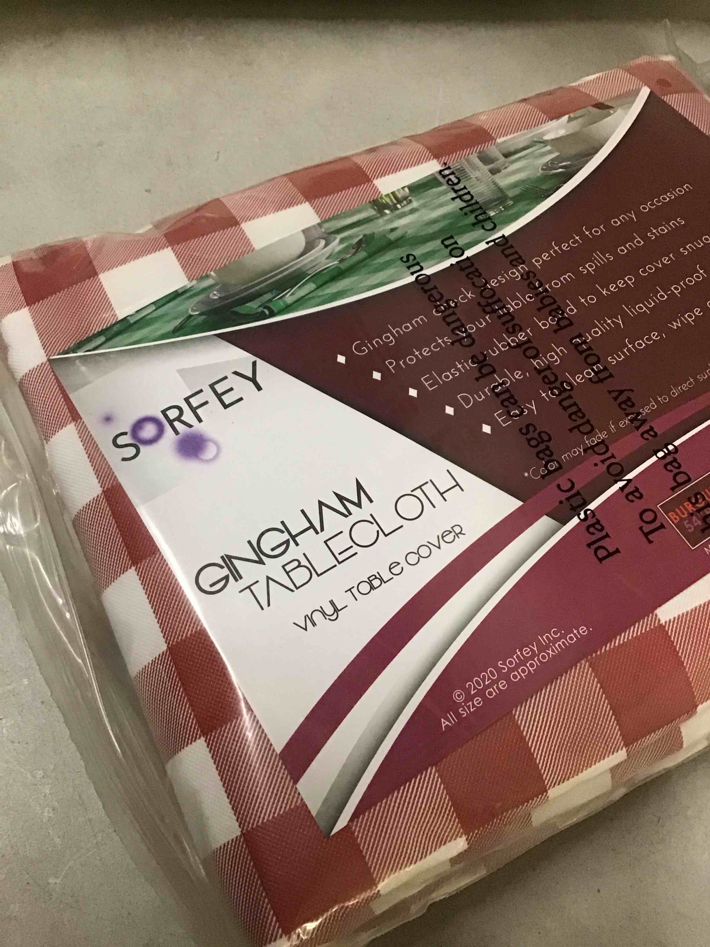 Condition photo showing New/Like New for sorfey round tablecloth -fitted with elastic, vinyl with flannel back, fits for table 54 inches round,water proof, easy to clean, checked burgundy