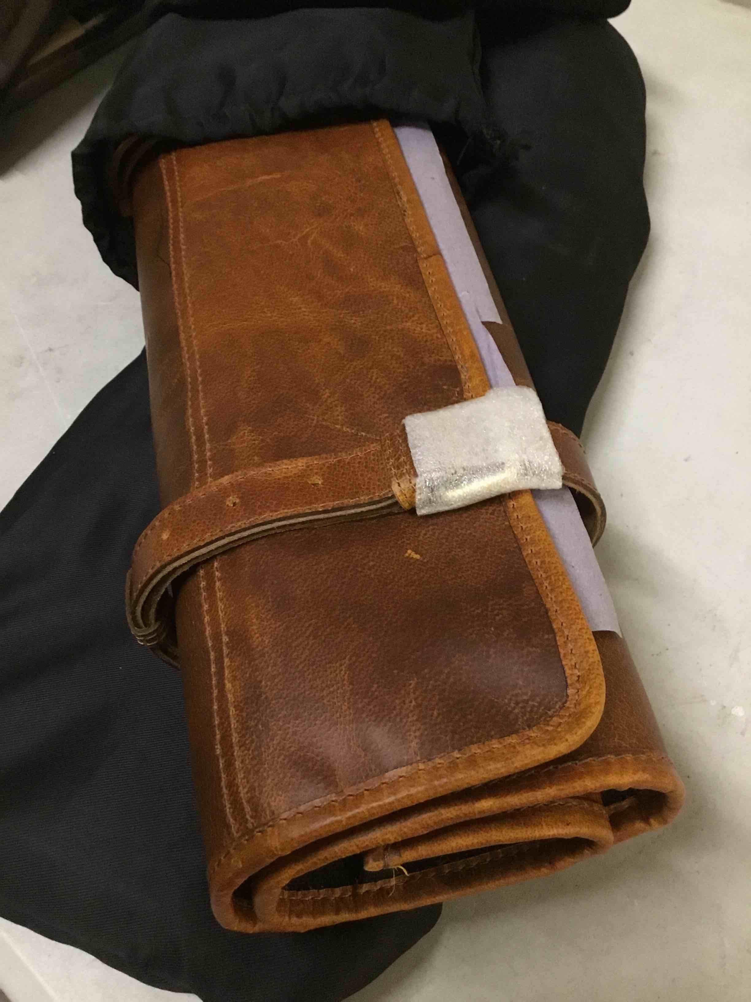Condition photo showing Good Condition for professional chef knife roll bag, 8-piece kitchen utensil set with leather case, navy blue and brown (leather, caramel) leather caramel