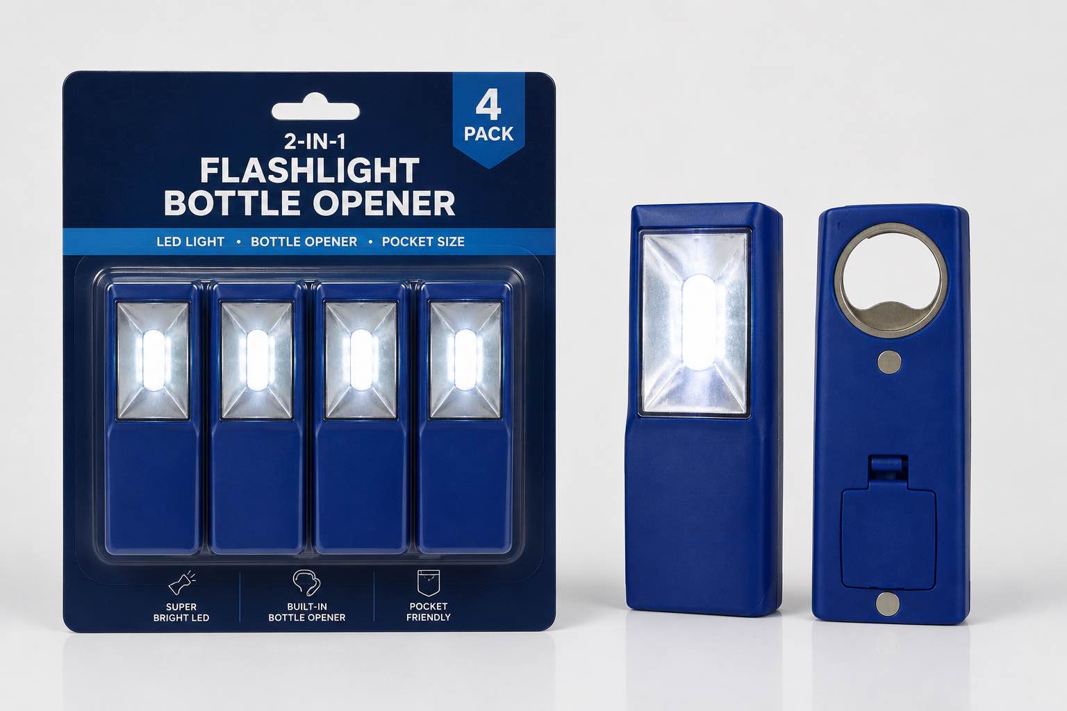 Condition photo showing Brand New for 4 pack flashlight/bottle opener 