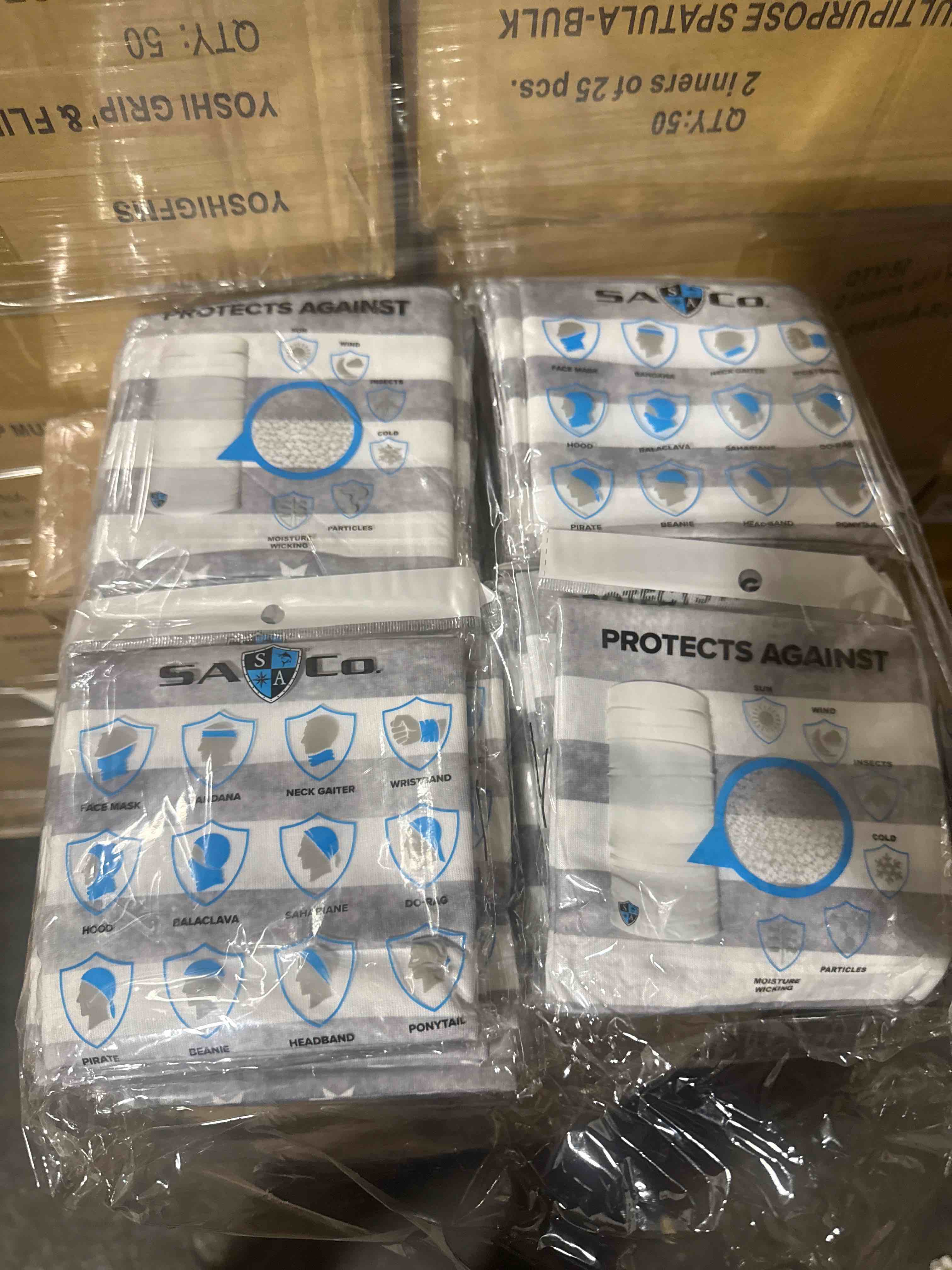 Condition photo showing New/Like New for case of 50 sa face mask/ neck gaiter whiteout american flag