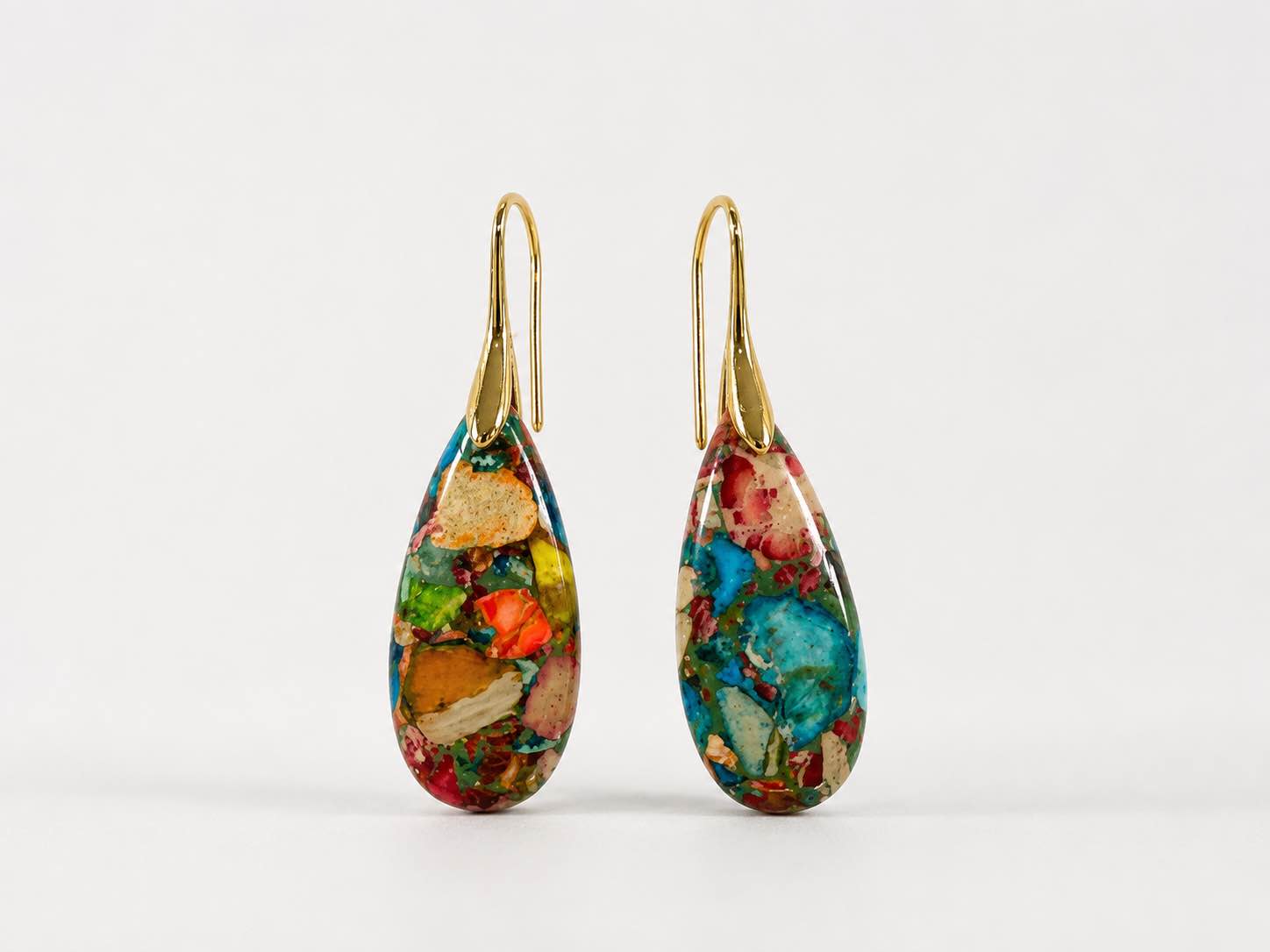 Condition photo showing New/Like New for these eye-catching teardrop earrings feature a vibrant mosaic of colorful natural stone fragments set in a glossy resin finish, accented by elegant gold-tone hooks for a unique and artistic look.