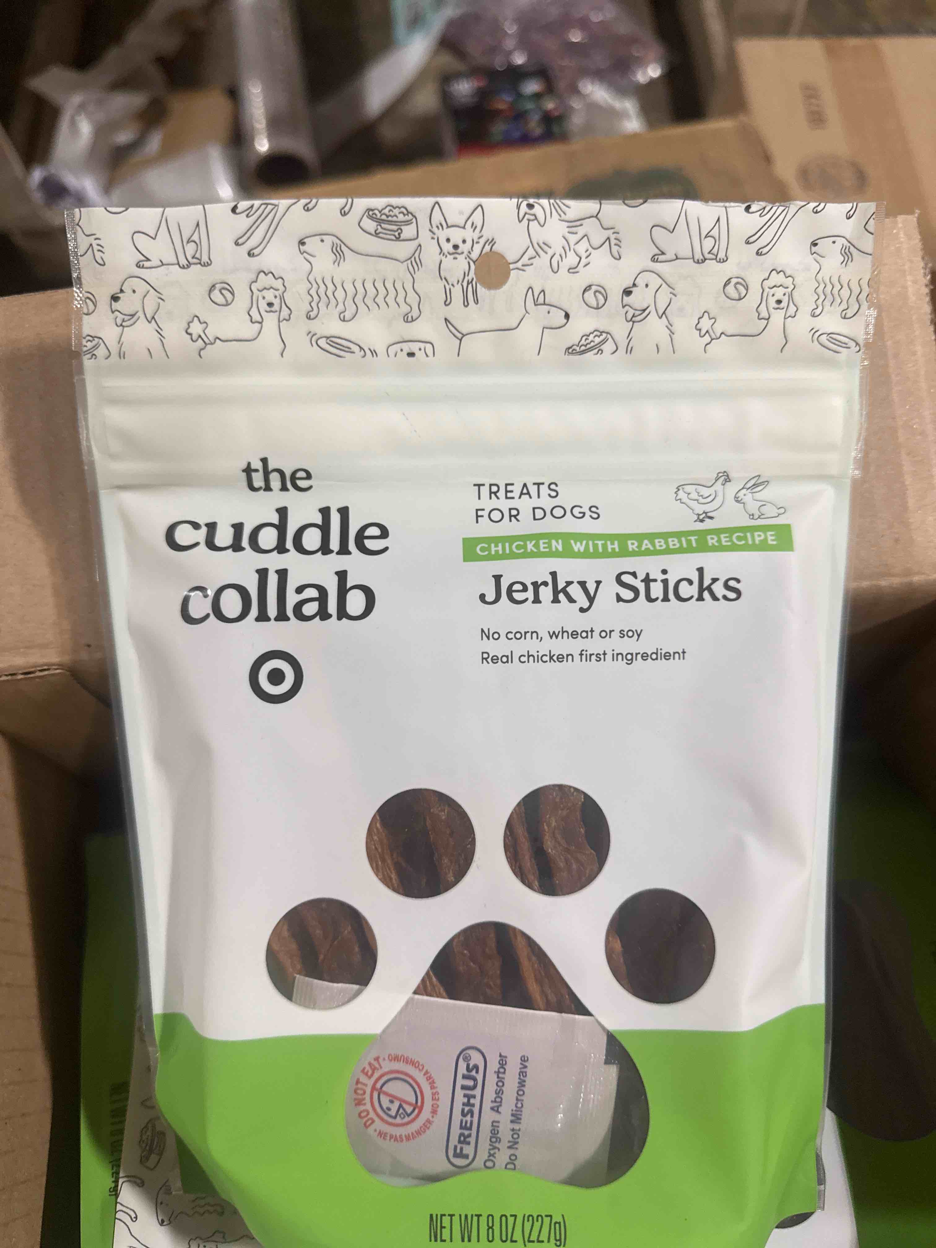 Condition photo showing New/Like New for chicken with rabbit jerky stick dog treats - 8oz - the cuddle collab bb 2/7/26