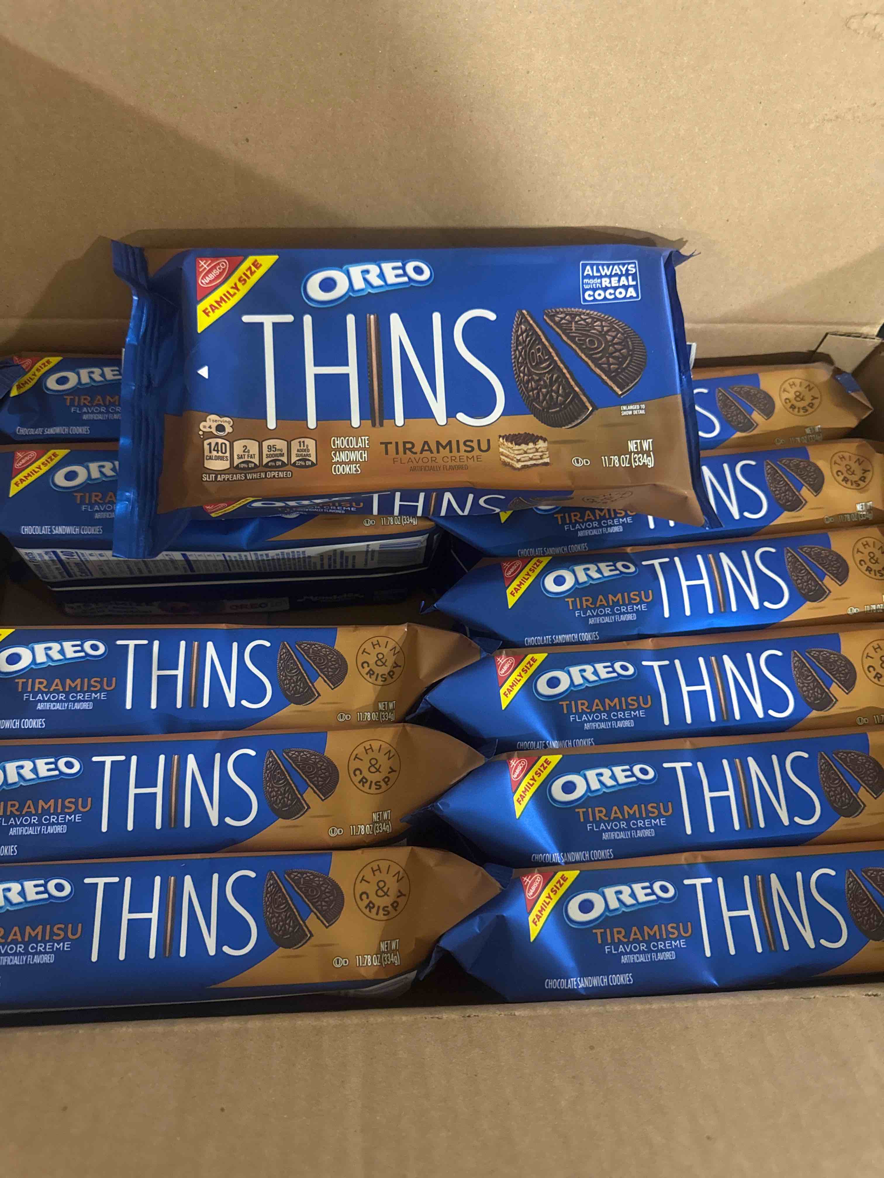 Condition photo showing New/Like New for oreo thins tiramisu cookies family size - 11.78oz - bid per individual package bb july 2026