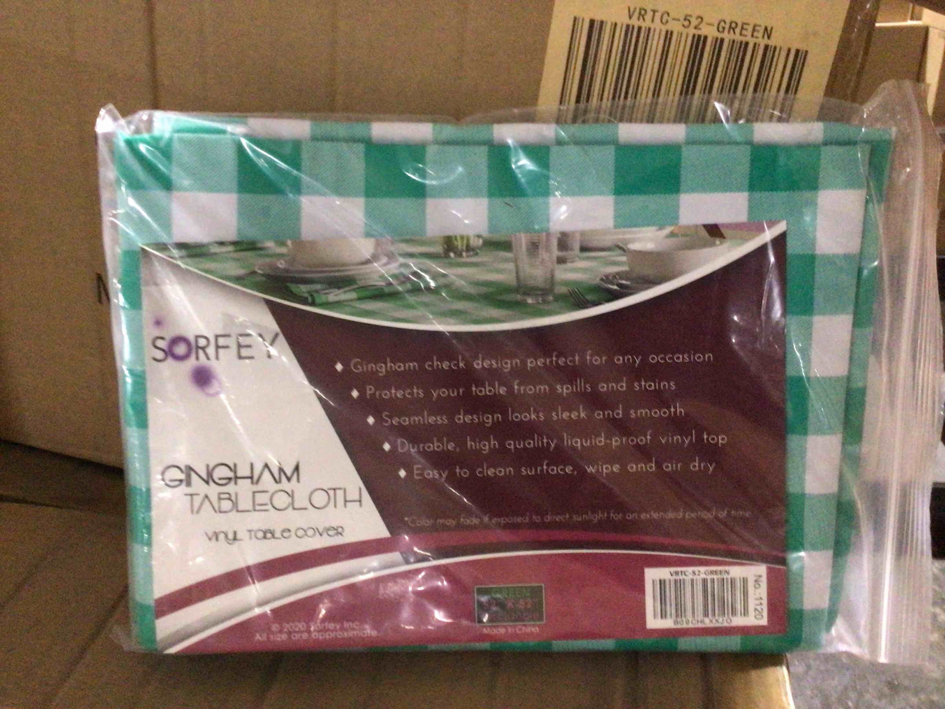 Condition photo showing New/Like New for sorfey tablecloth - vinyl with flannel back, 52"x52" square, water proof, easy to clean, checked green design