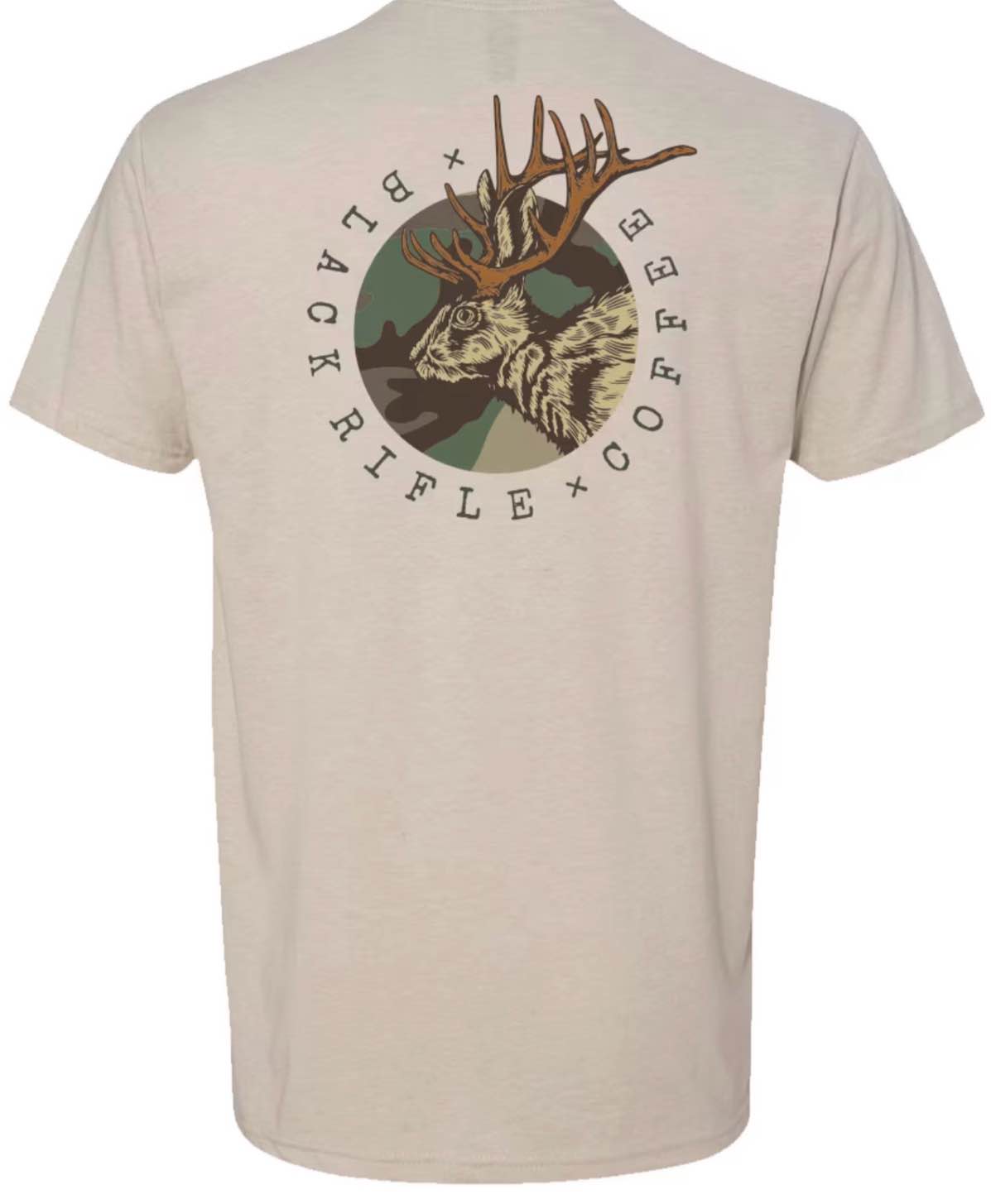 Condition photo showing New/Like New for size medium black rifle coffee company camo jackalope t-shirt