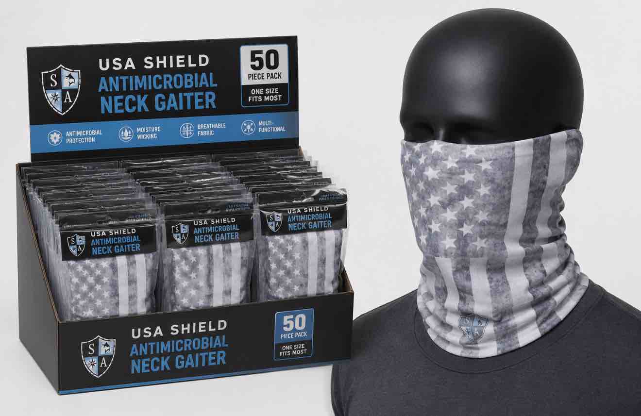 case of 50 sa face mask/ neck gaiter whiteout american flag