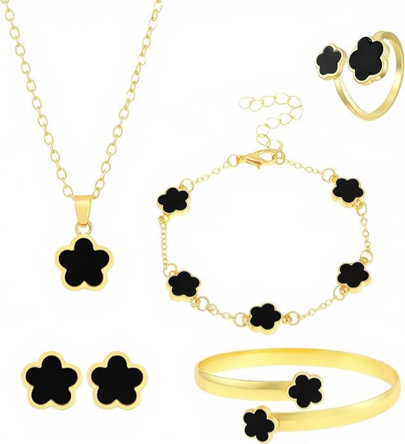 5 piece delicate black clover charm paired with elegant gold Jewelry Set 