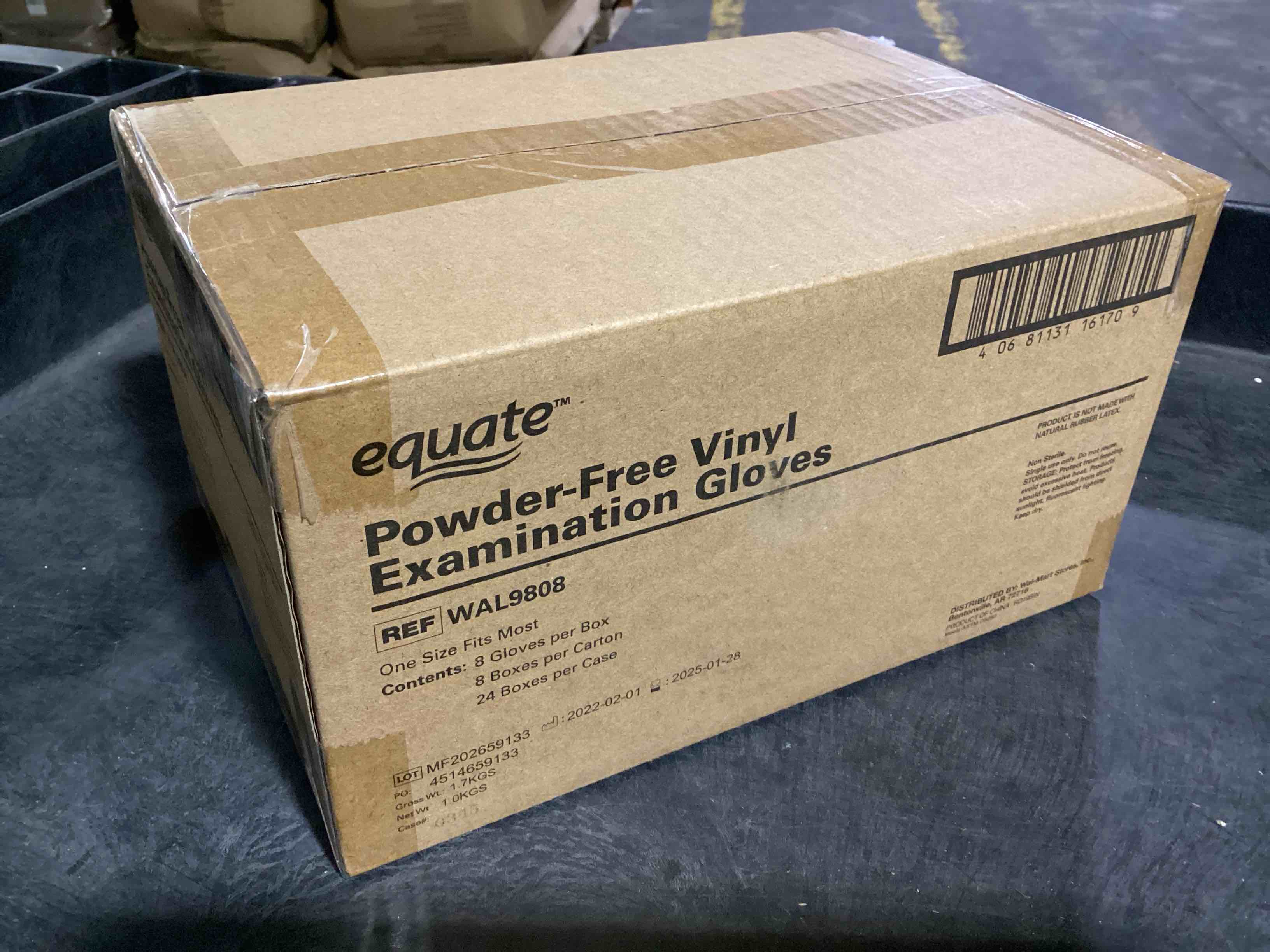 Condition photo showing New/Like New for case of 24 equate vinyl examination gloves one size, 8ct box 